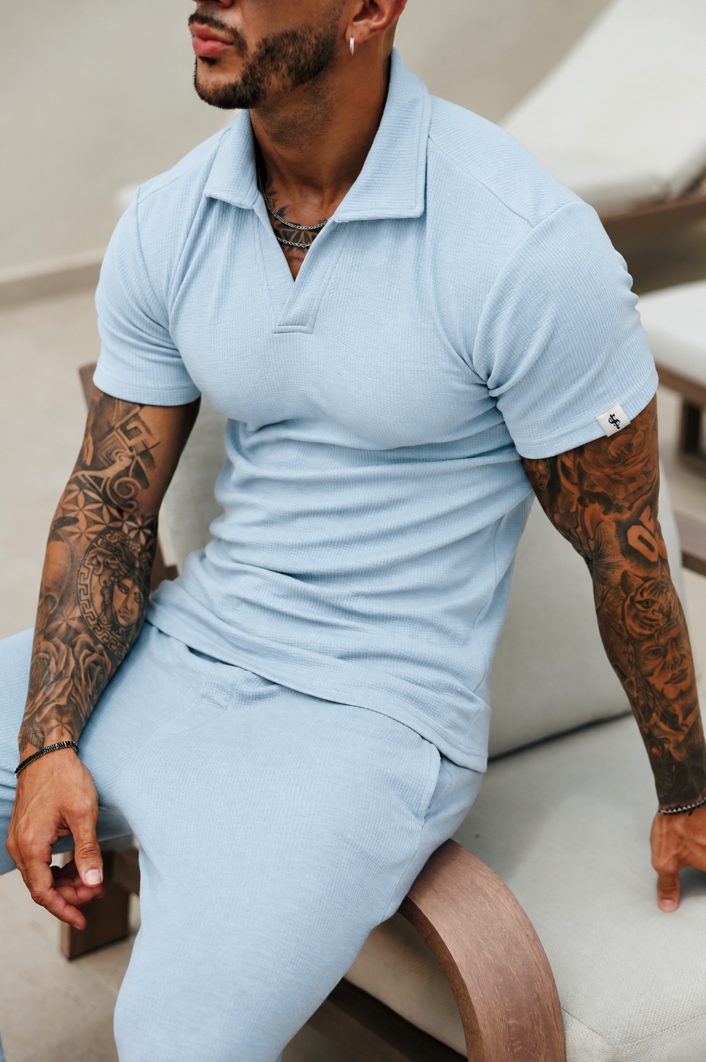 Hellblaues Jersey-Kord-Revers-Polo Kurzarm - FSR151