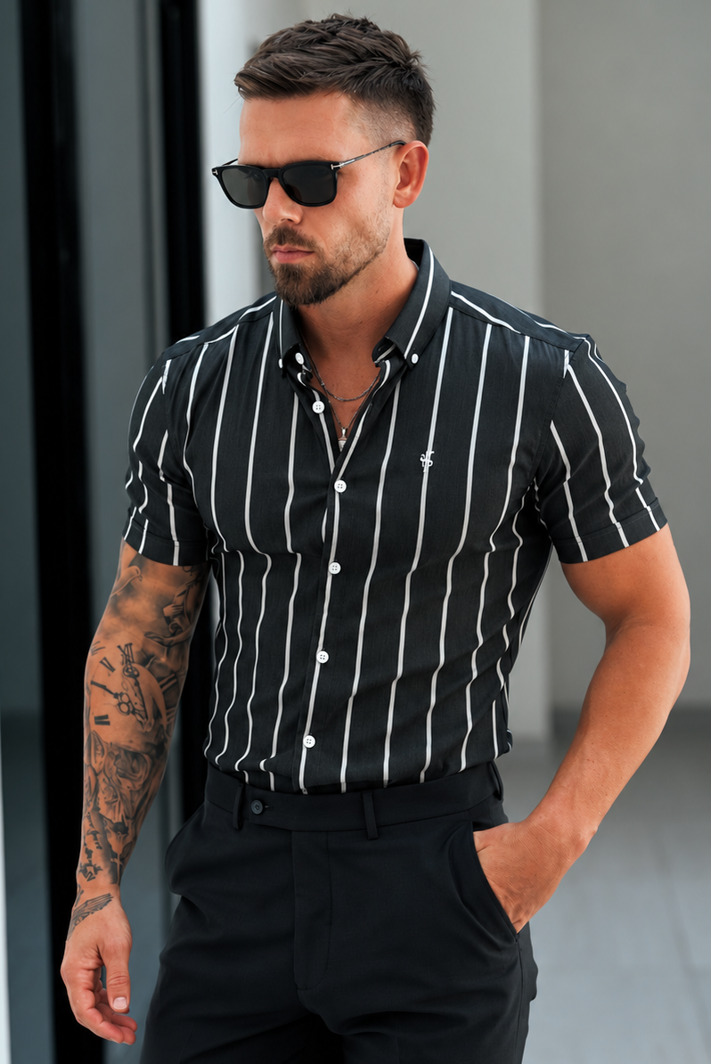 Super Slim Stretch Anthrazit/Weiß bedrucktes Kurzarmhemd mit breiten Streifen und Knopfleiste - FS1227