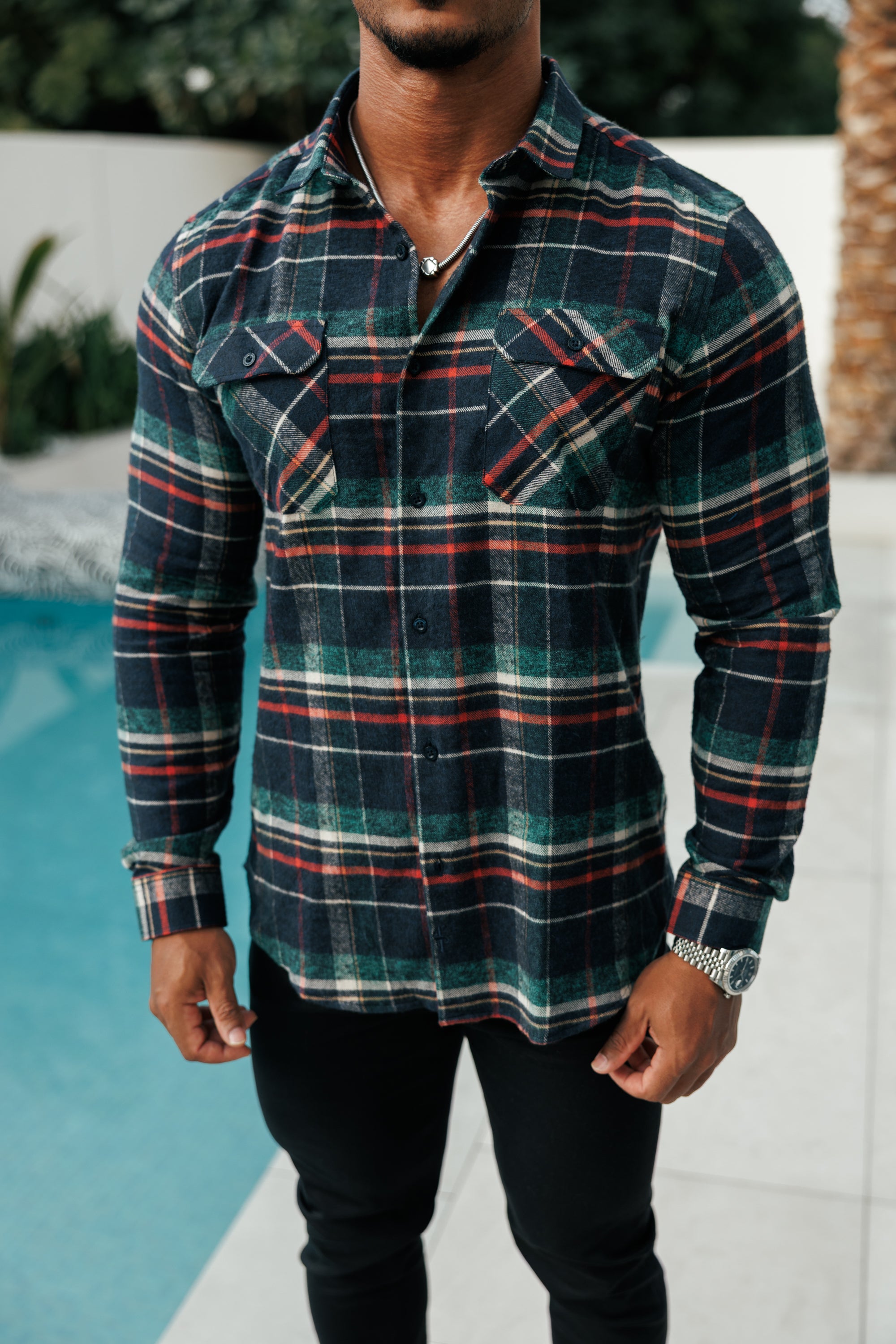 Marineblau/Grün/Rost karierte Hemdjacke mit Doppeltaschen - FS1198