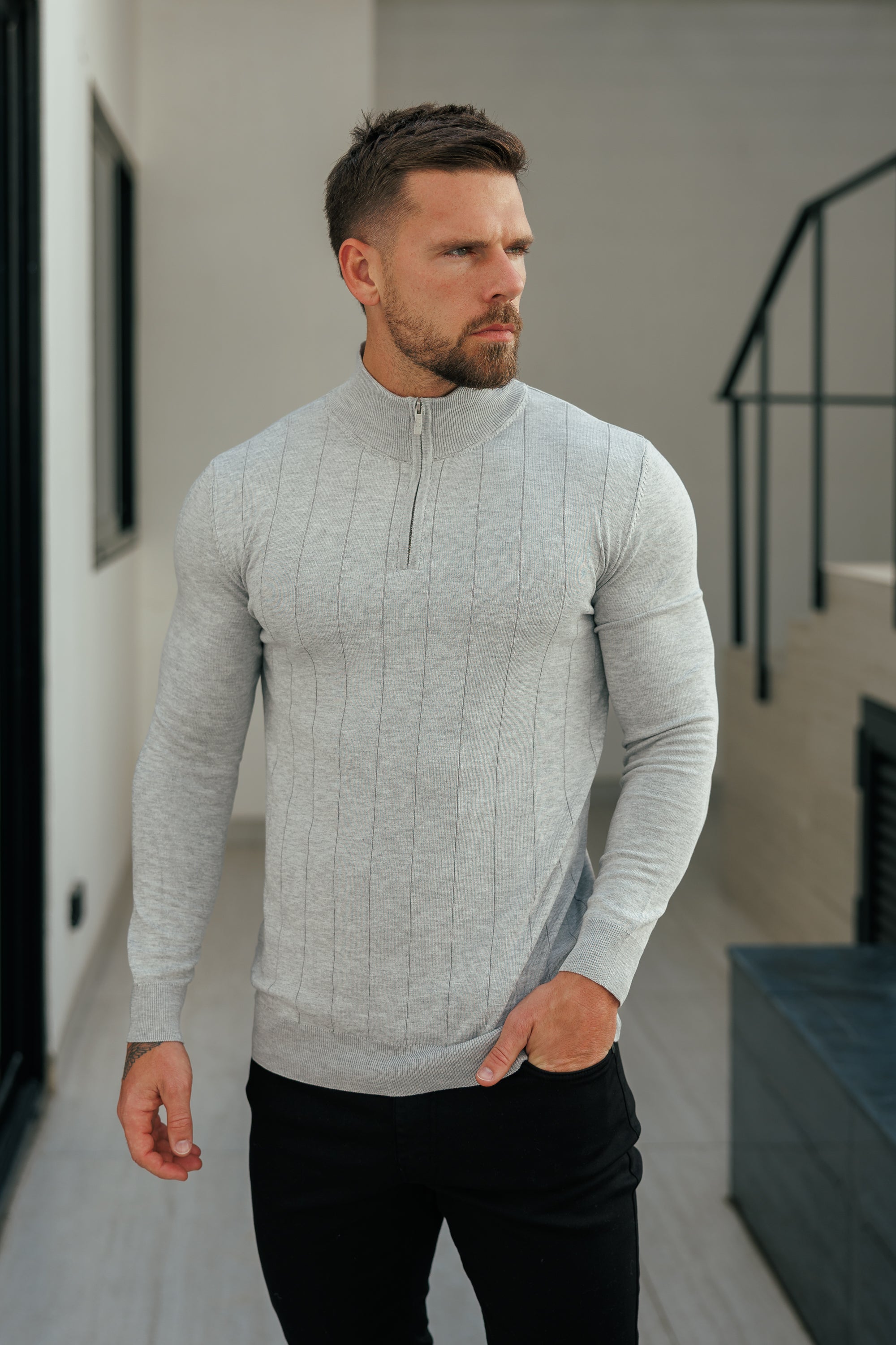 Self Stripe 1/4 Zip Funnel Neck Knit Jumper Silver Grey Long Sleeve  -  FSR051