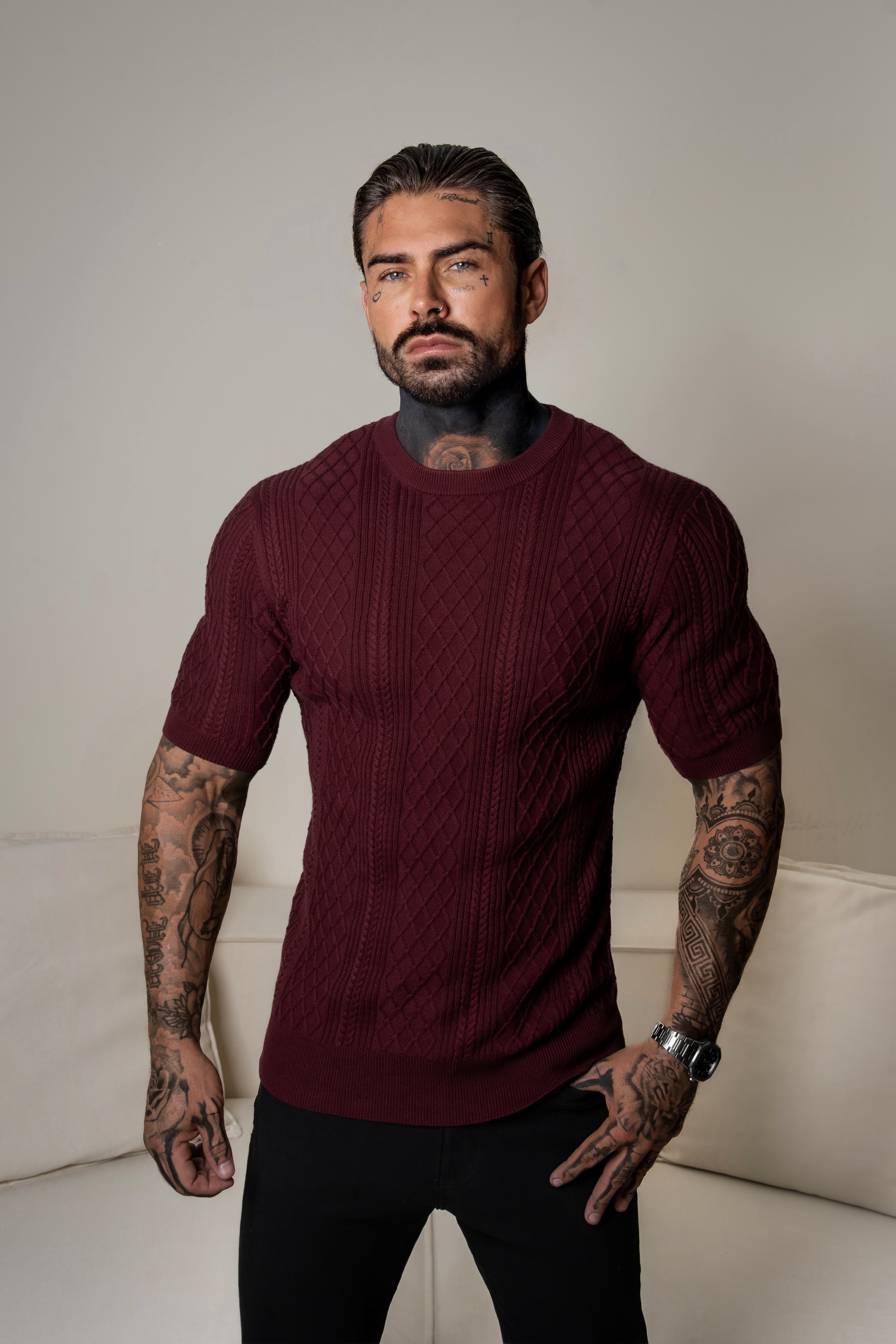 Fine Knit Diamond Burgundy Jumper Short Sleeve - FSA012