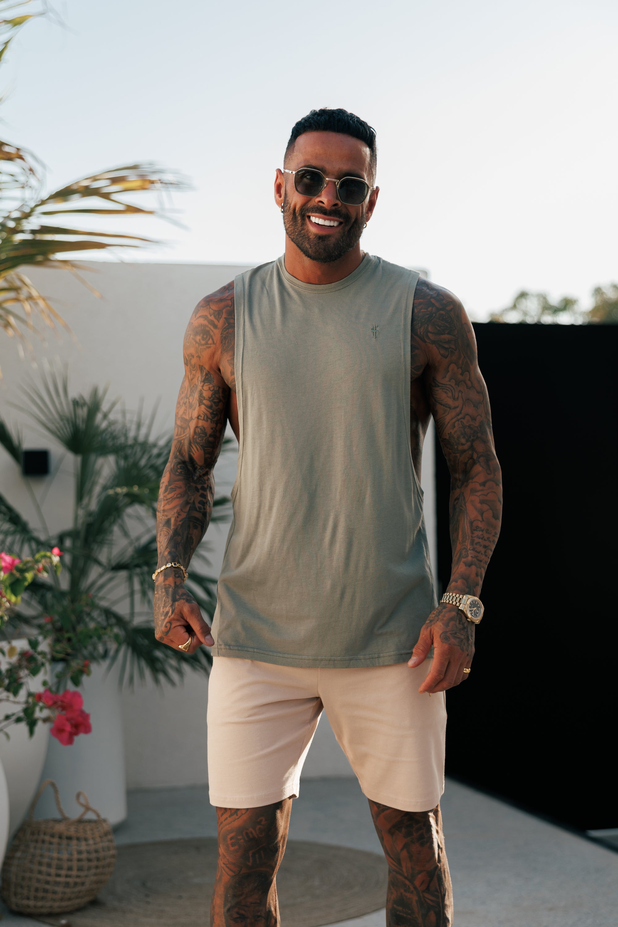Classic Bamboo Dropped Armhole Olive Vest - FSH1341
