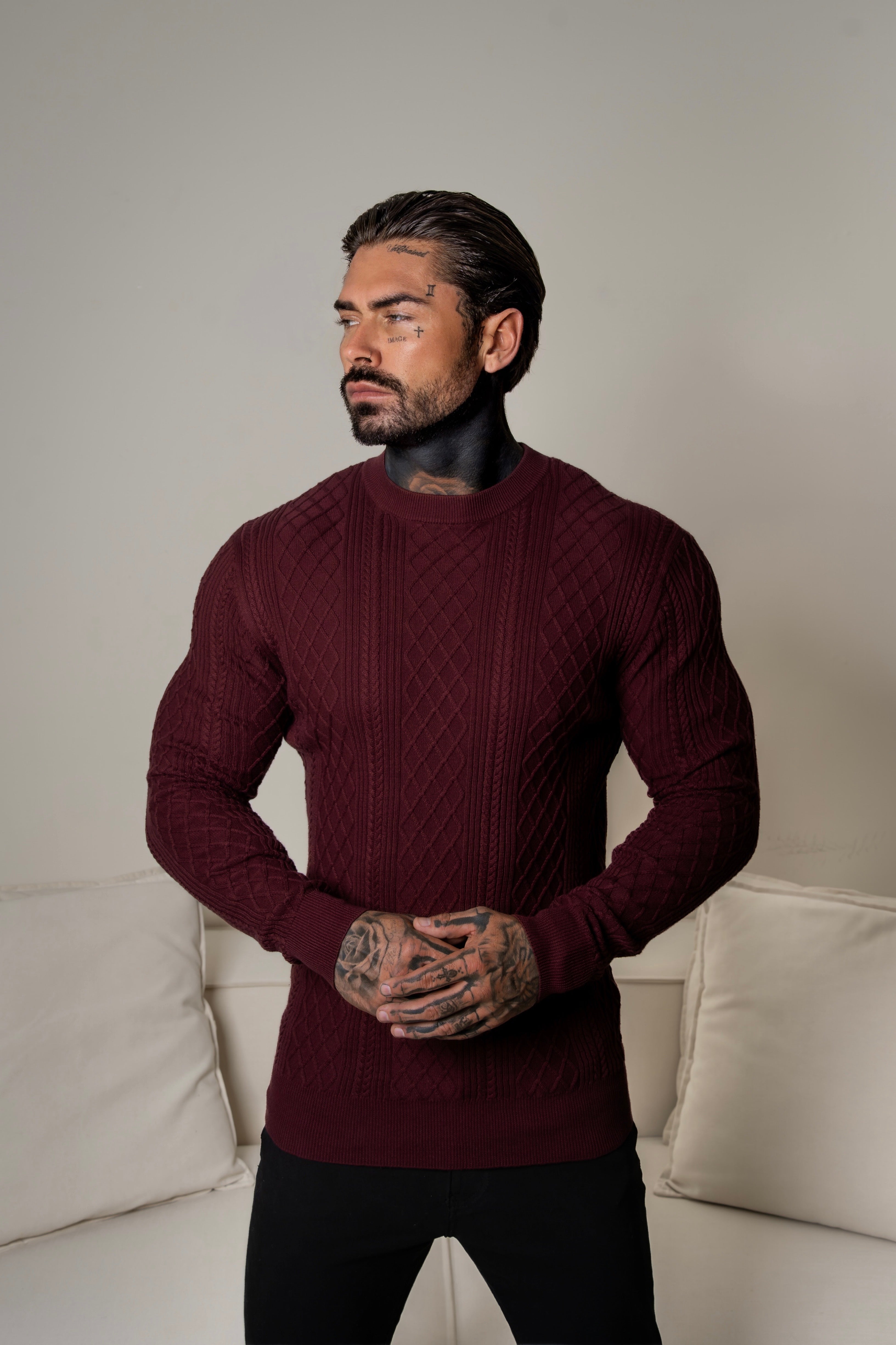 Feinstrickpullover mit Rautenmuster, burgunderrot, langärmlig - FSA008