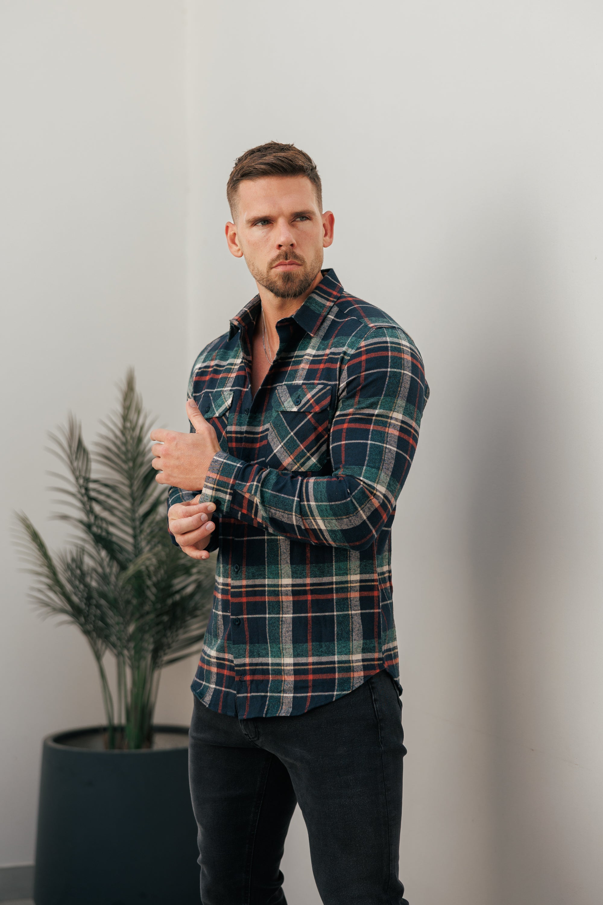 Marineblau/Grün/Rost karierte Hemdjacke mit Doppeltaschen - FS1198