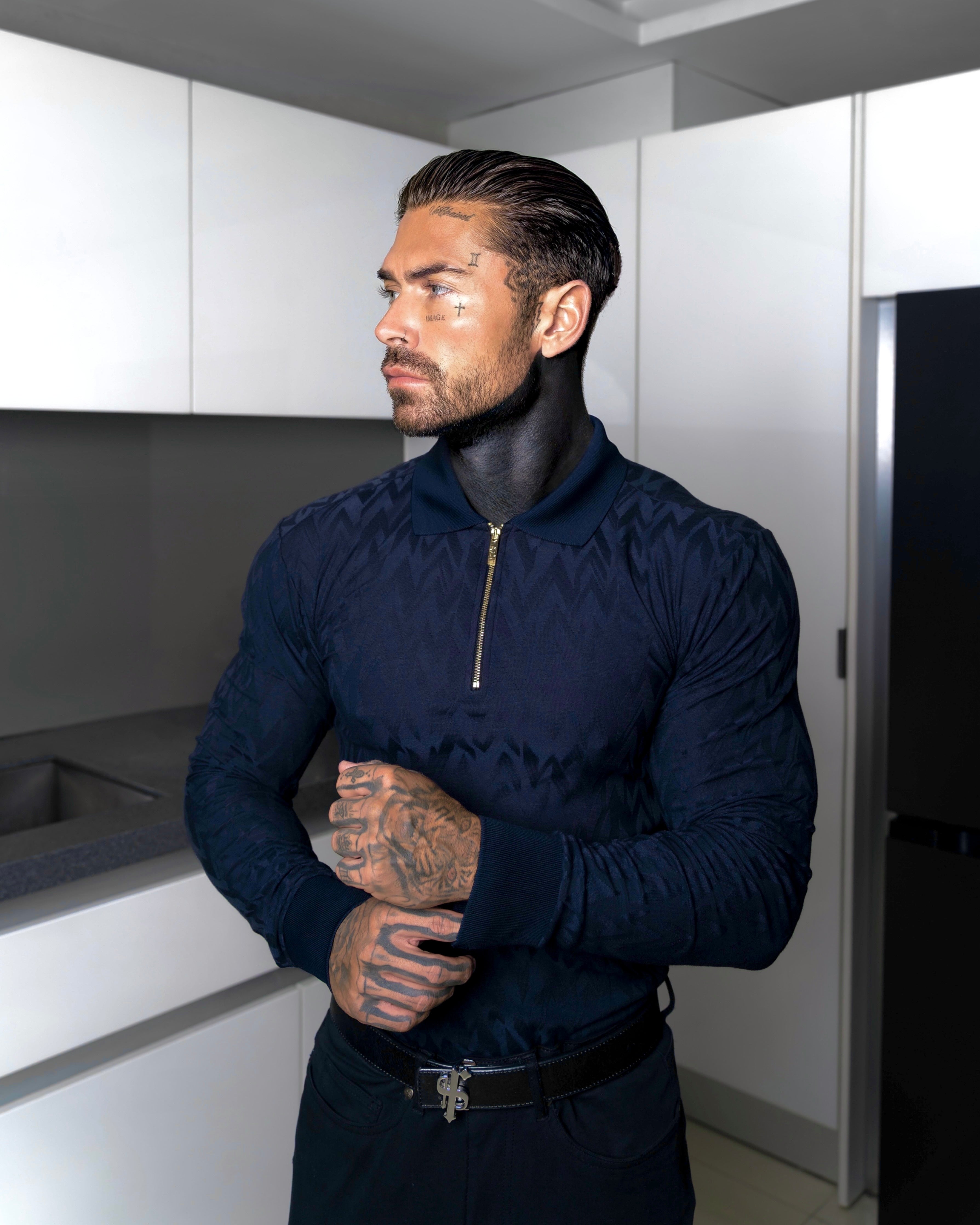 Classic Jacquard Navy Chevron Zipped Polo Long Sleeve - FSR045