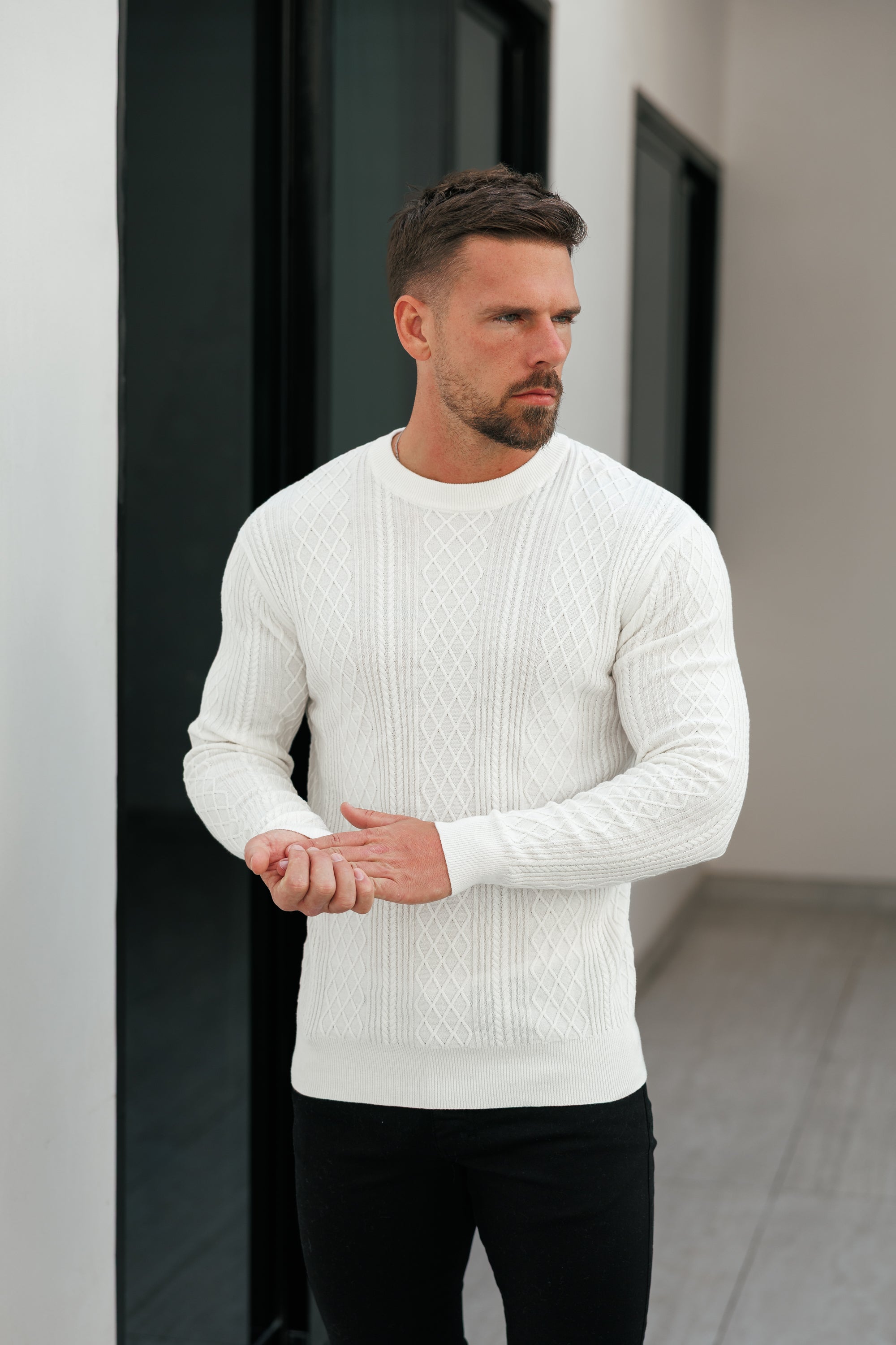 Feinstrickpullover mit Rautenmuster, cremeweiß, langärmlig - FSA005