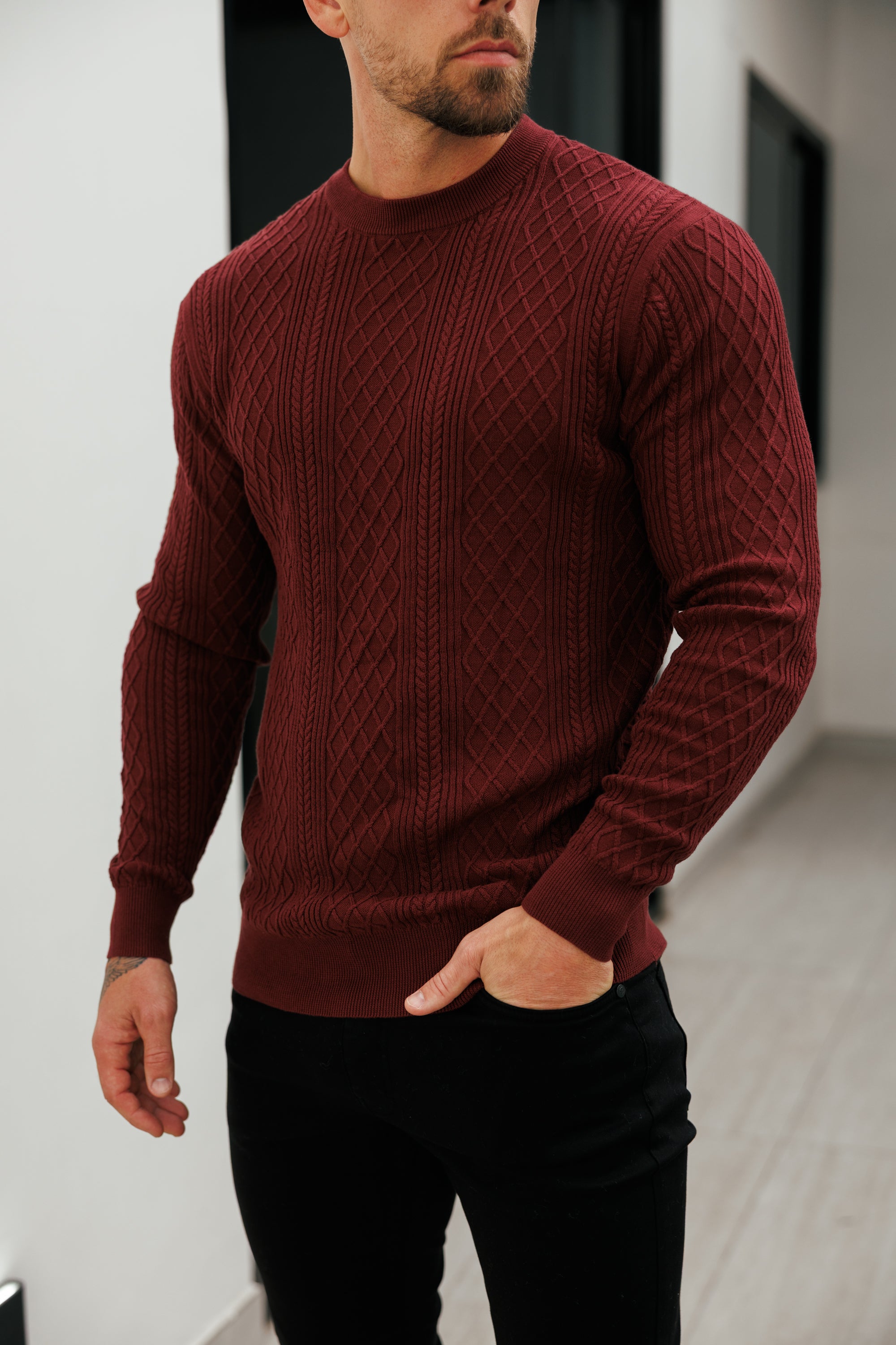 Feinstrickpullover mit Rautenmuster, burgunderrot, langärmlig - FSA008