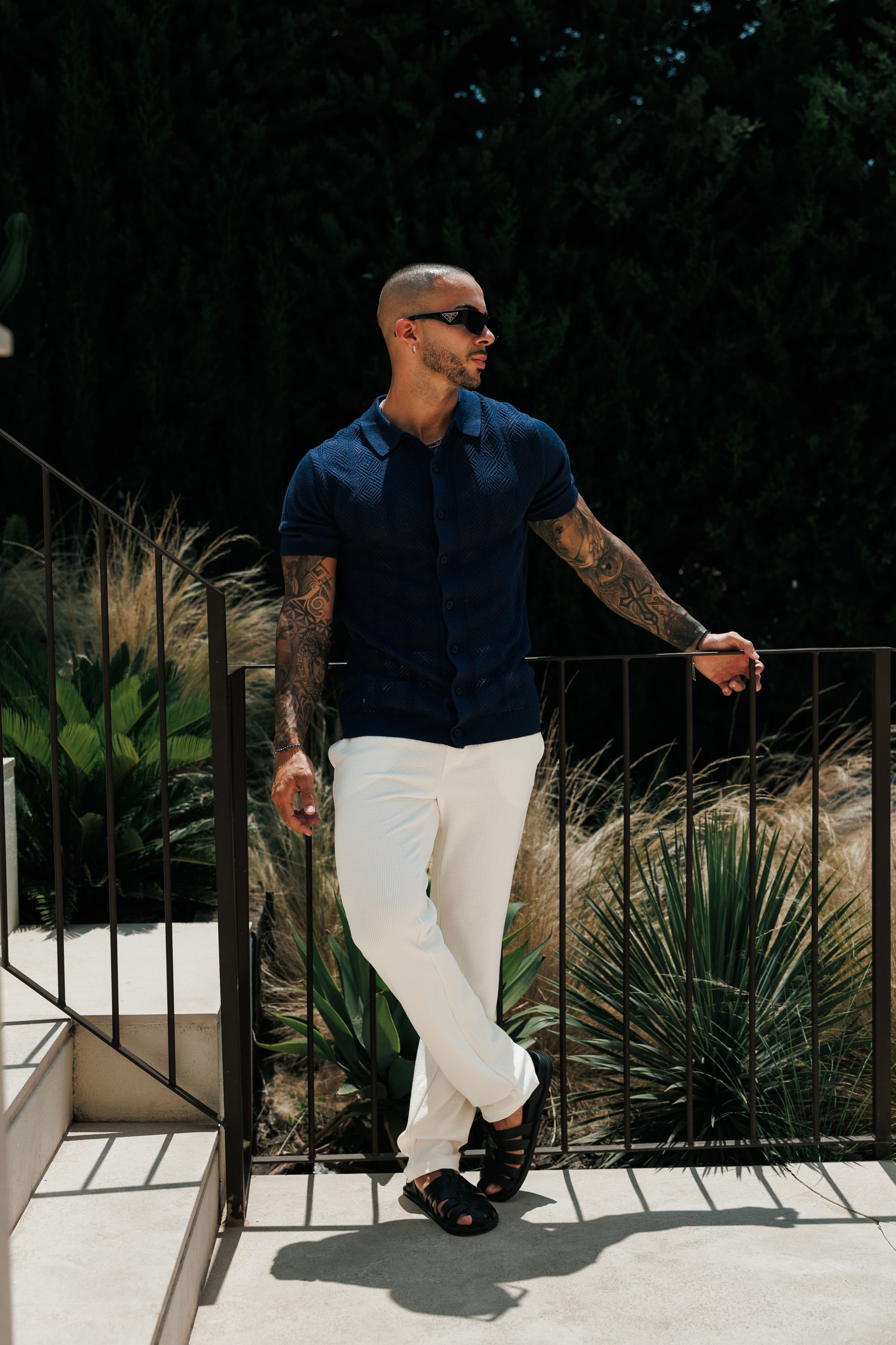 Navy Diamond Stripe Perforated Shirt Kurzarm - FSA023 (VORBESTELLUNG 31. AUGUST)