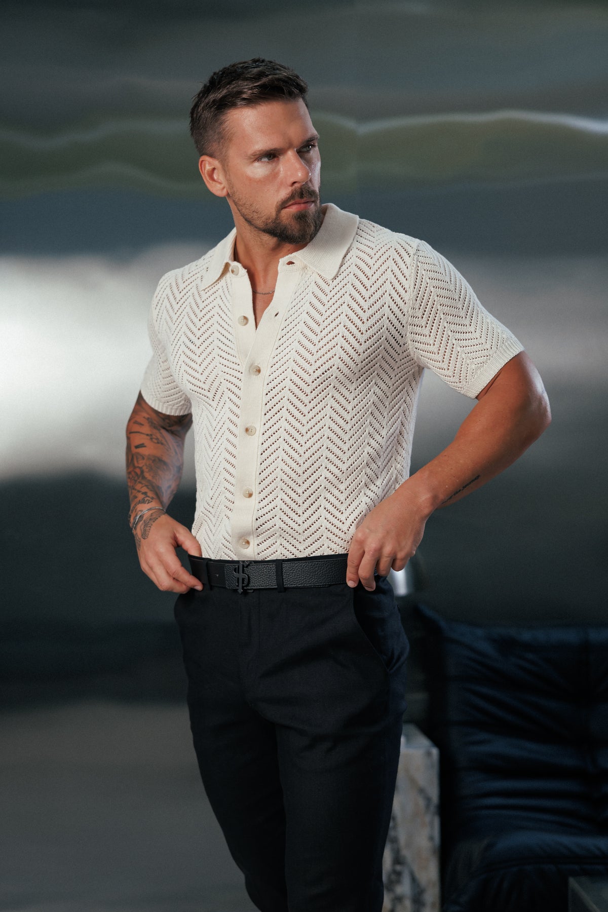 Cream Chevron Perforated Shirt Short Sleeve - FSA015