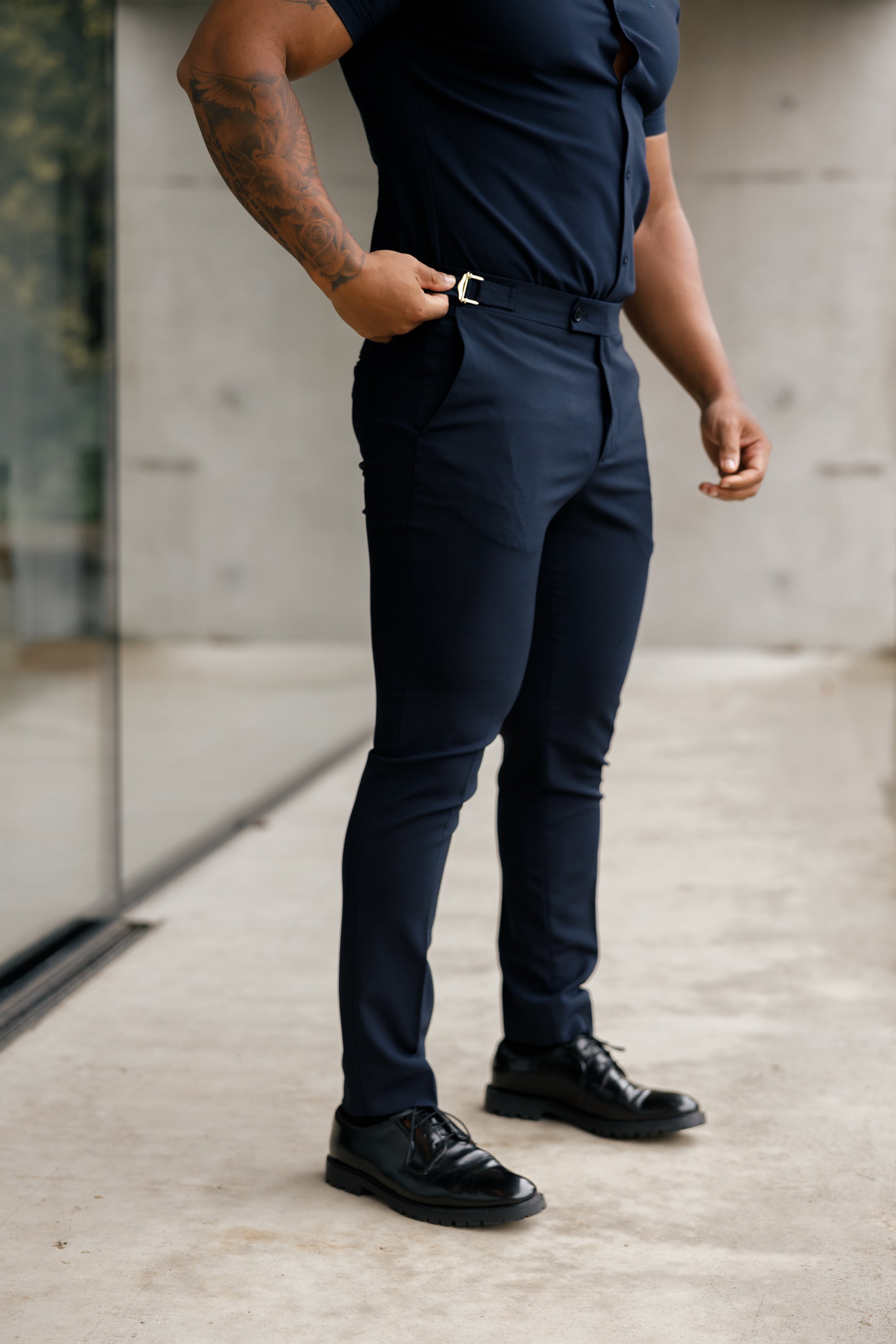 Slim Formal Navy Stretch Trousers With Gold Waist Adjusters - FST016