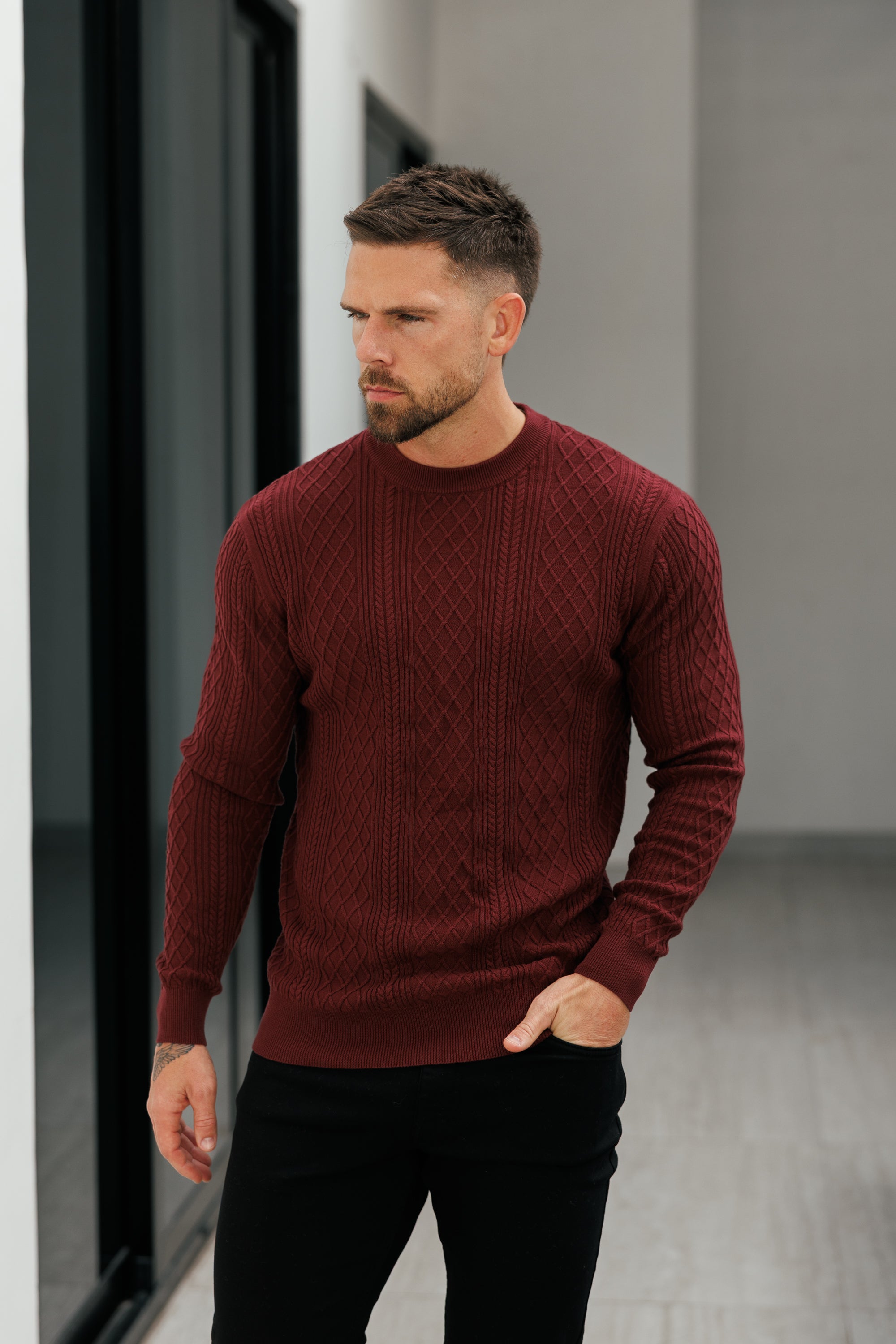 Feinstrickpullover mit Rautenmuster, burgunderrot, langärmlig - FSA008