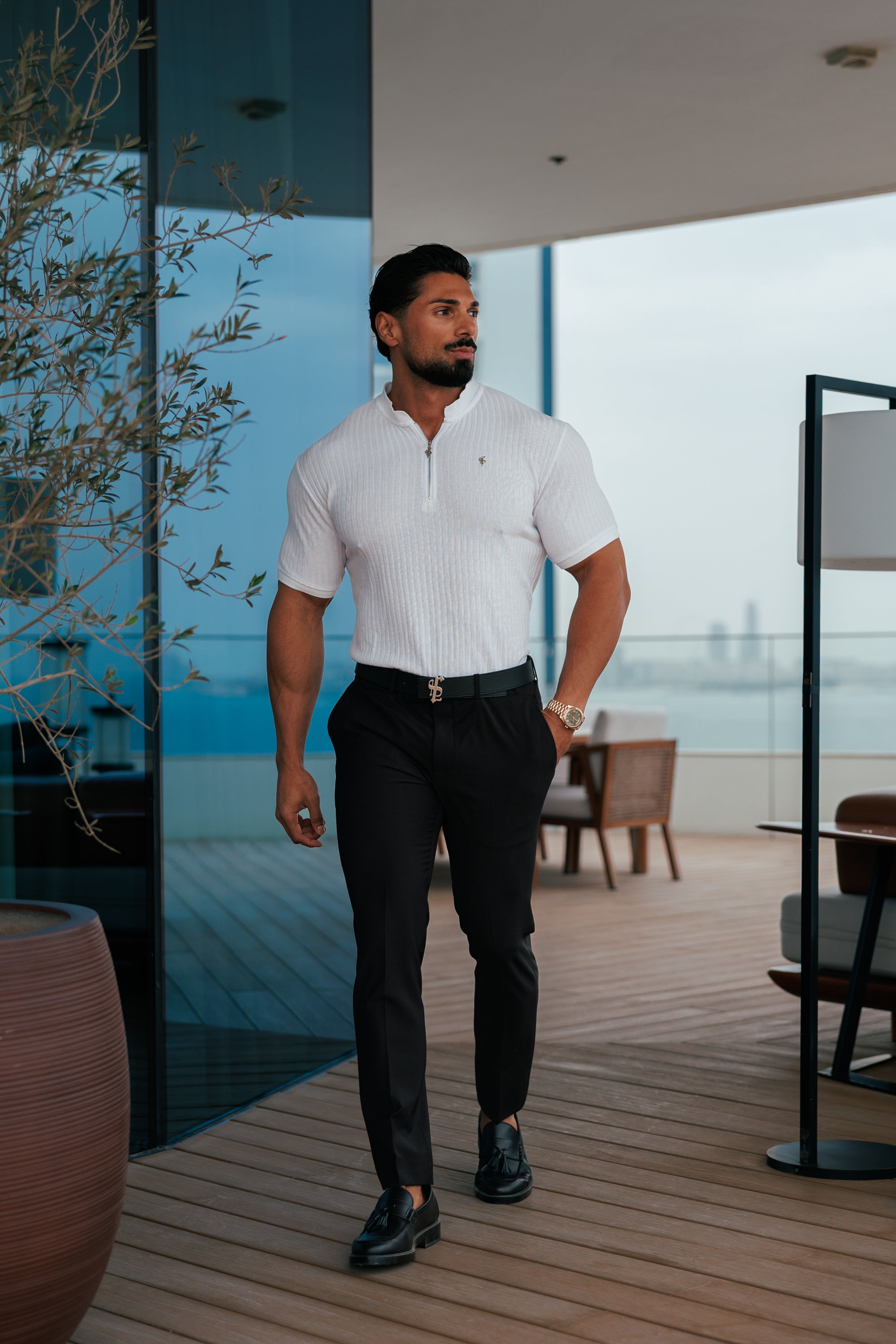 Classic White / Silver  Ribbed Zip Grandad Collar Shirt Short Sleeve - FSH1447