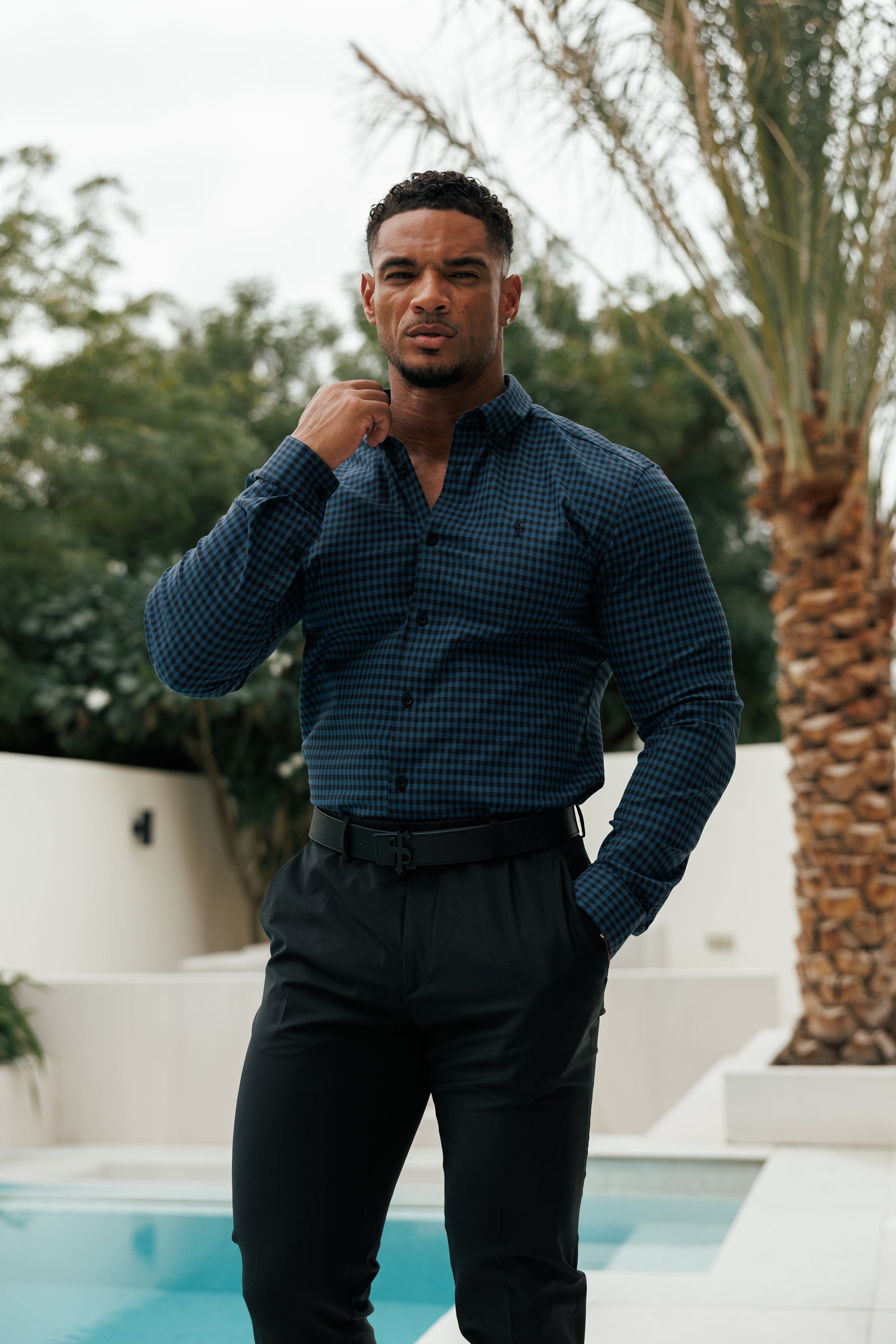 Super Slim Ultra Stretch Blau &amp; Schwarz Kariert - FS474