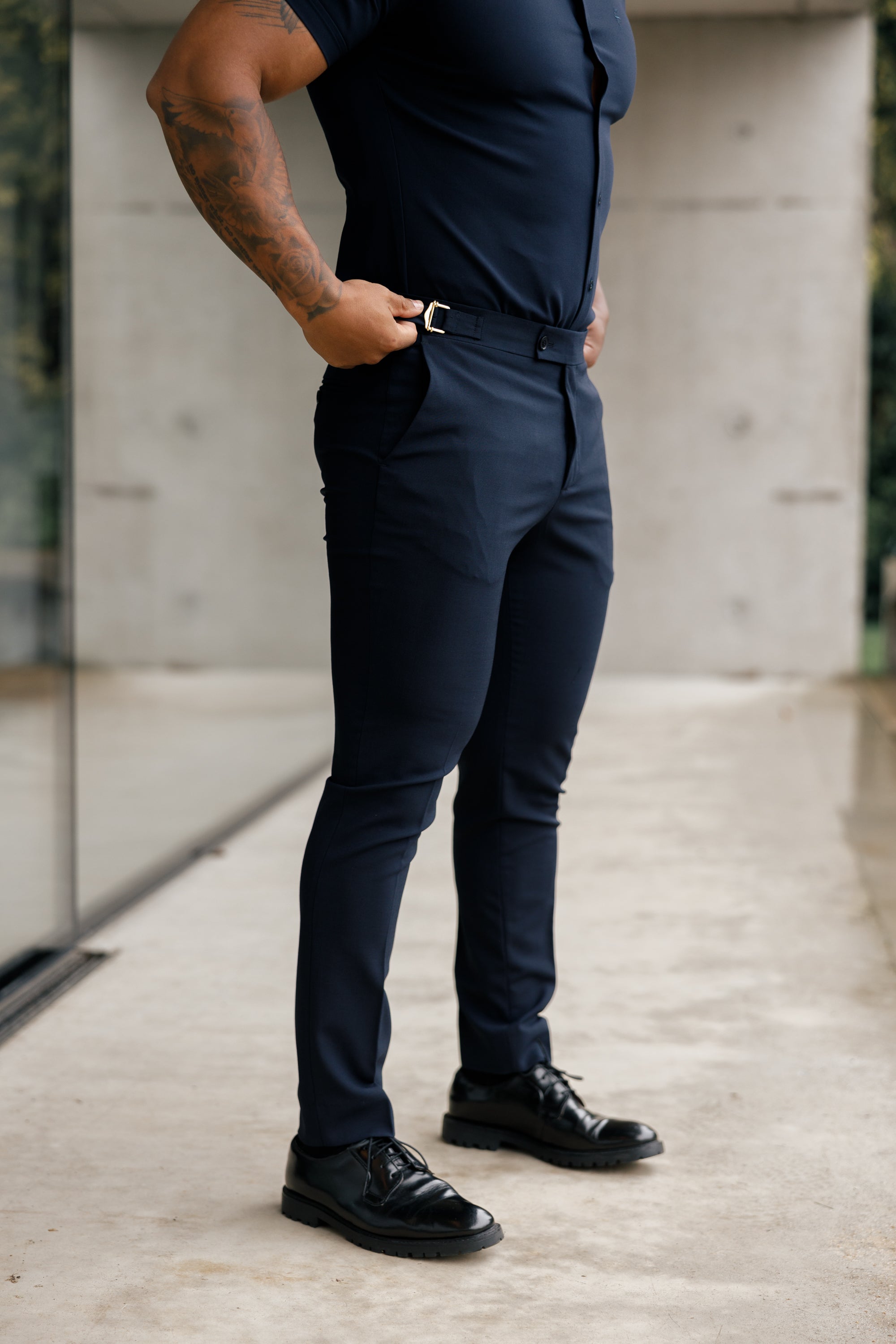 Slim Formal Navy Stretch Trousers With Gold Waist Adjusters - FST016
