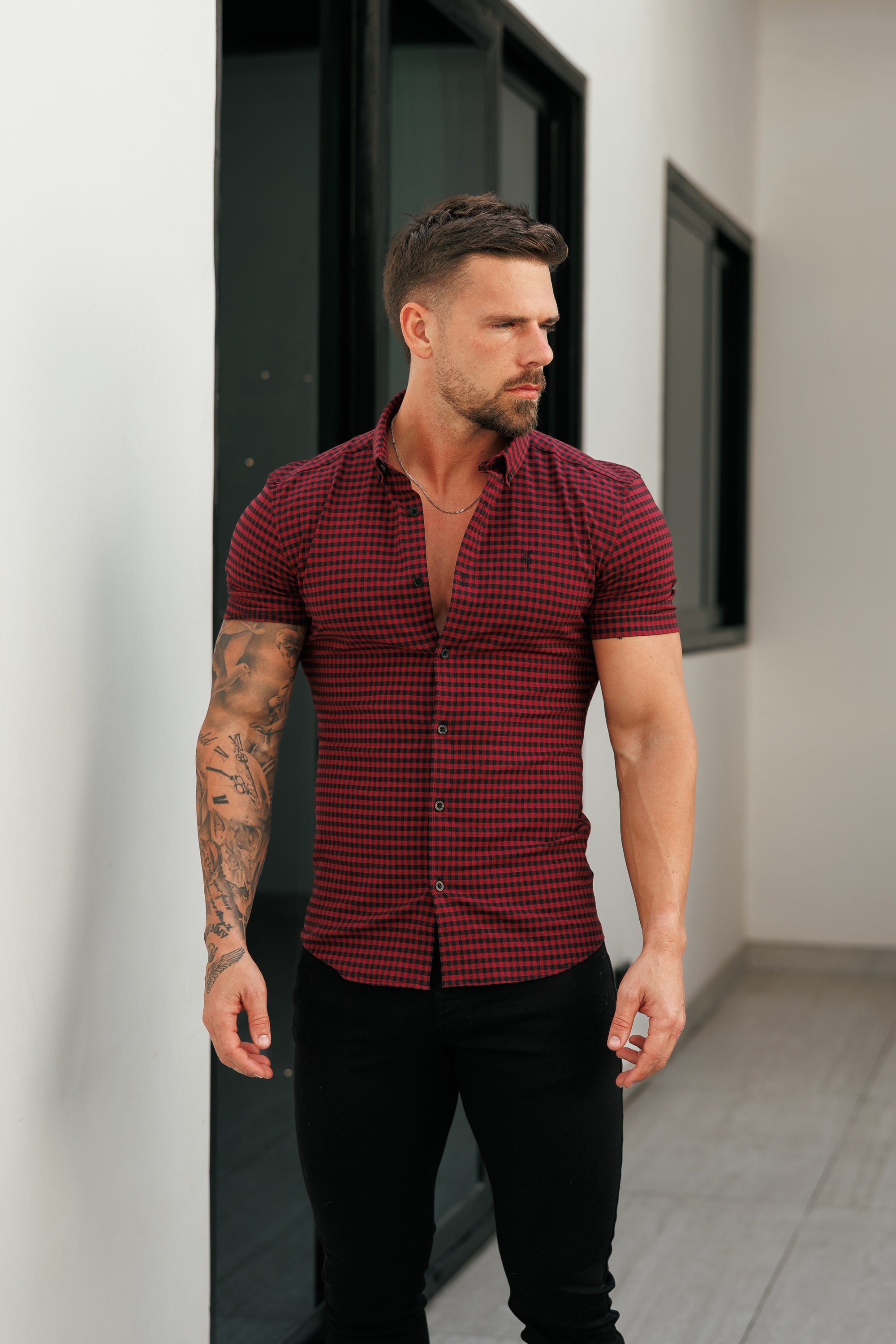 Super Slim Ultra Stretch Kurzarm, rot-schwarz kariert - FS514