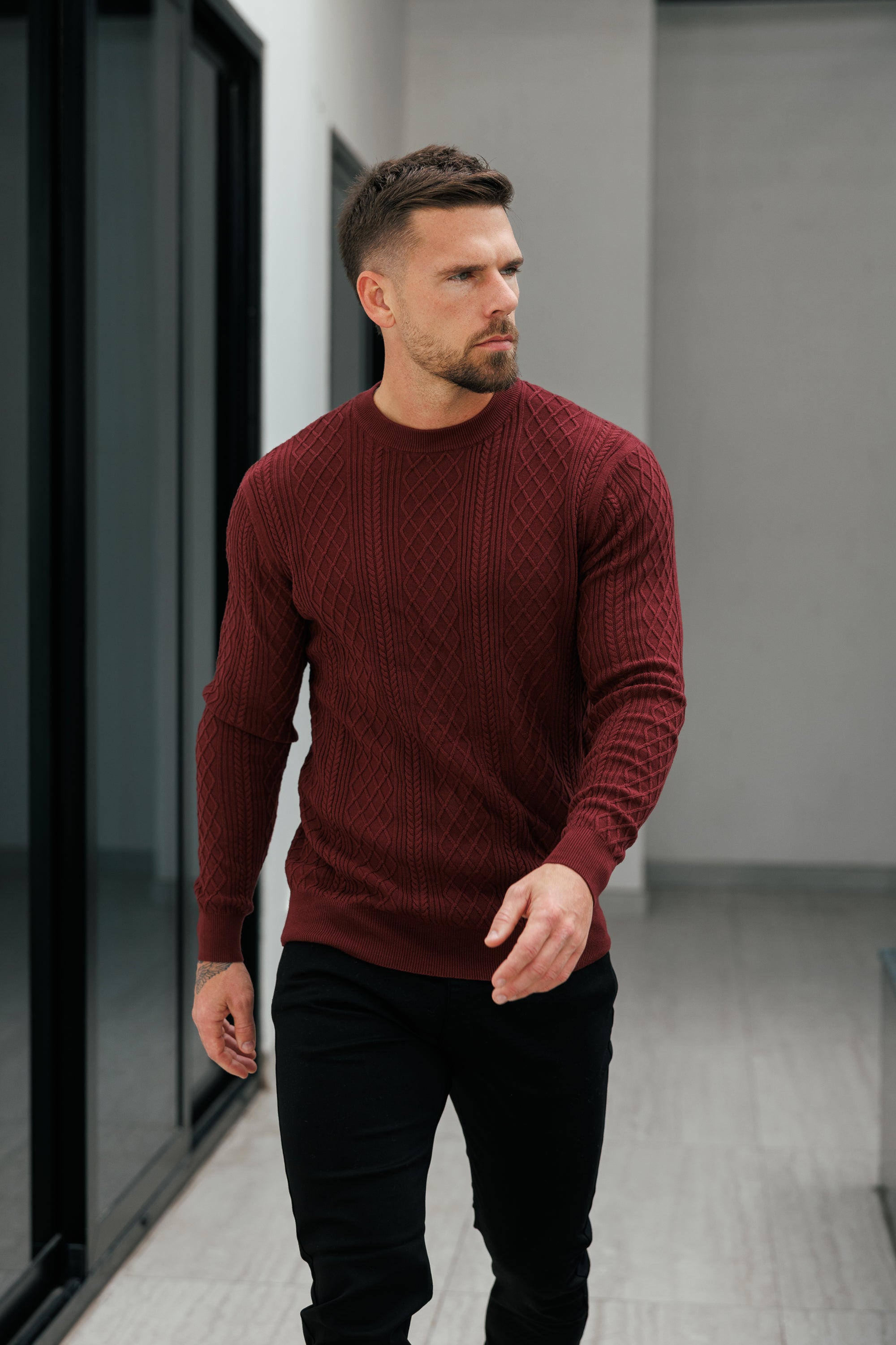 Feinstrickpullover mit Rautenmuster, burgunderrot, langärmlig - FSA008