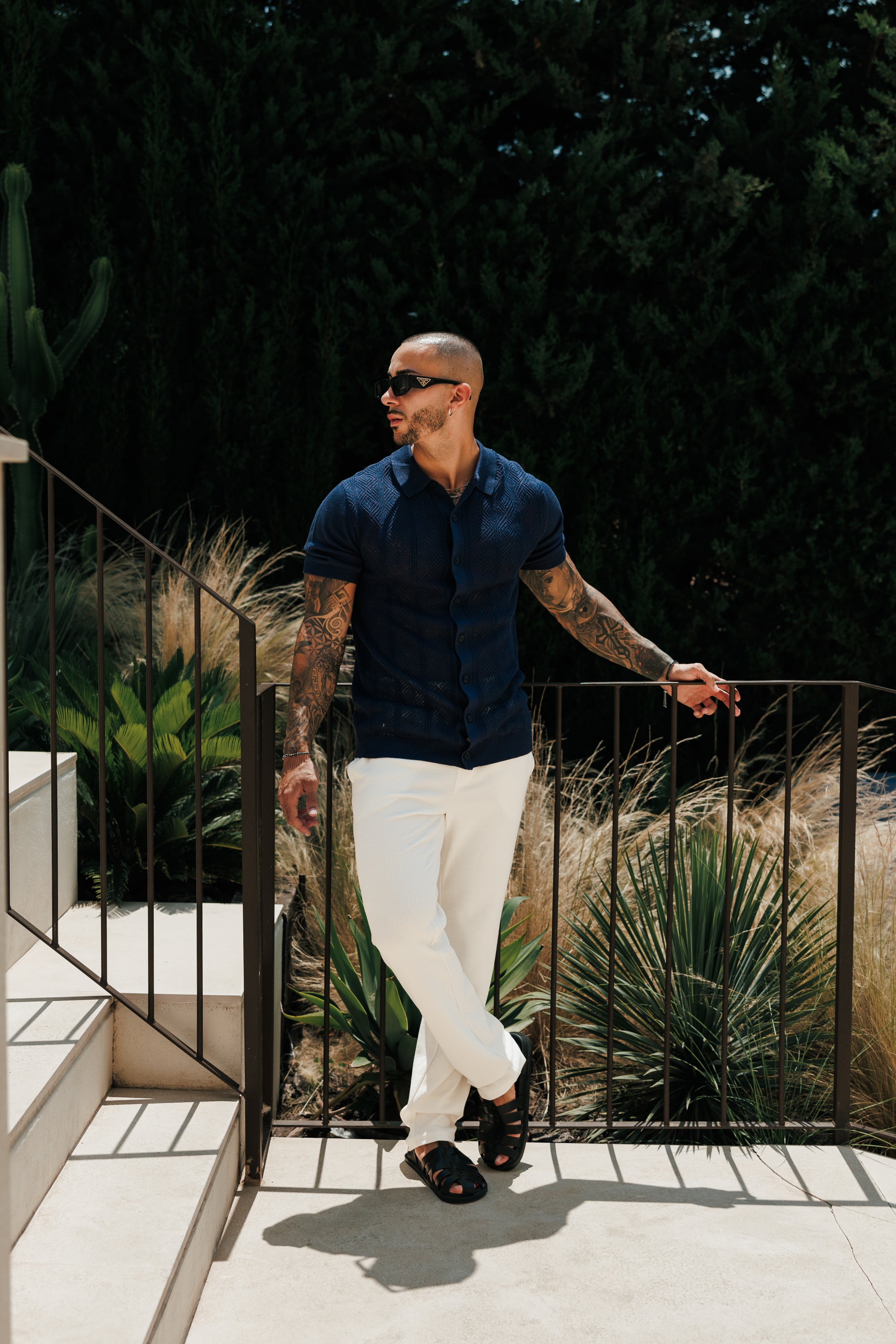 Navy Diamond Stripe Perforated Shirt Kurzarm - FSA023 (VORBESTELLUNG 31. AUGUST)