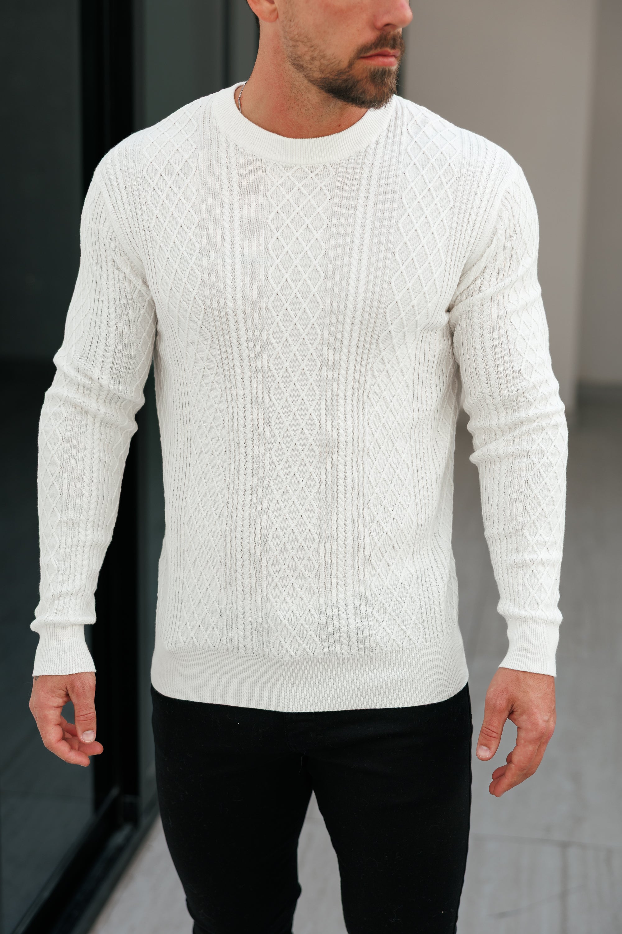 Feinstrickpullover mit Rautenmuster, cremeweiß, langärmlig - FSA005