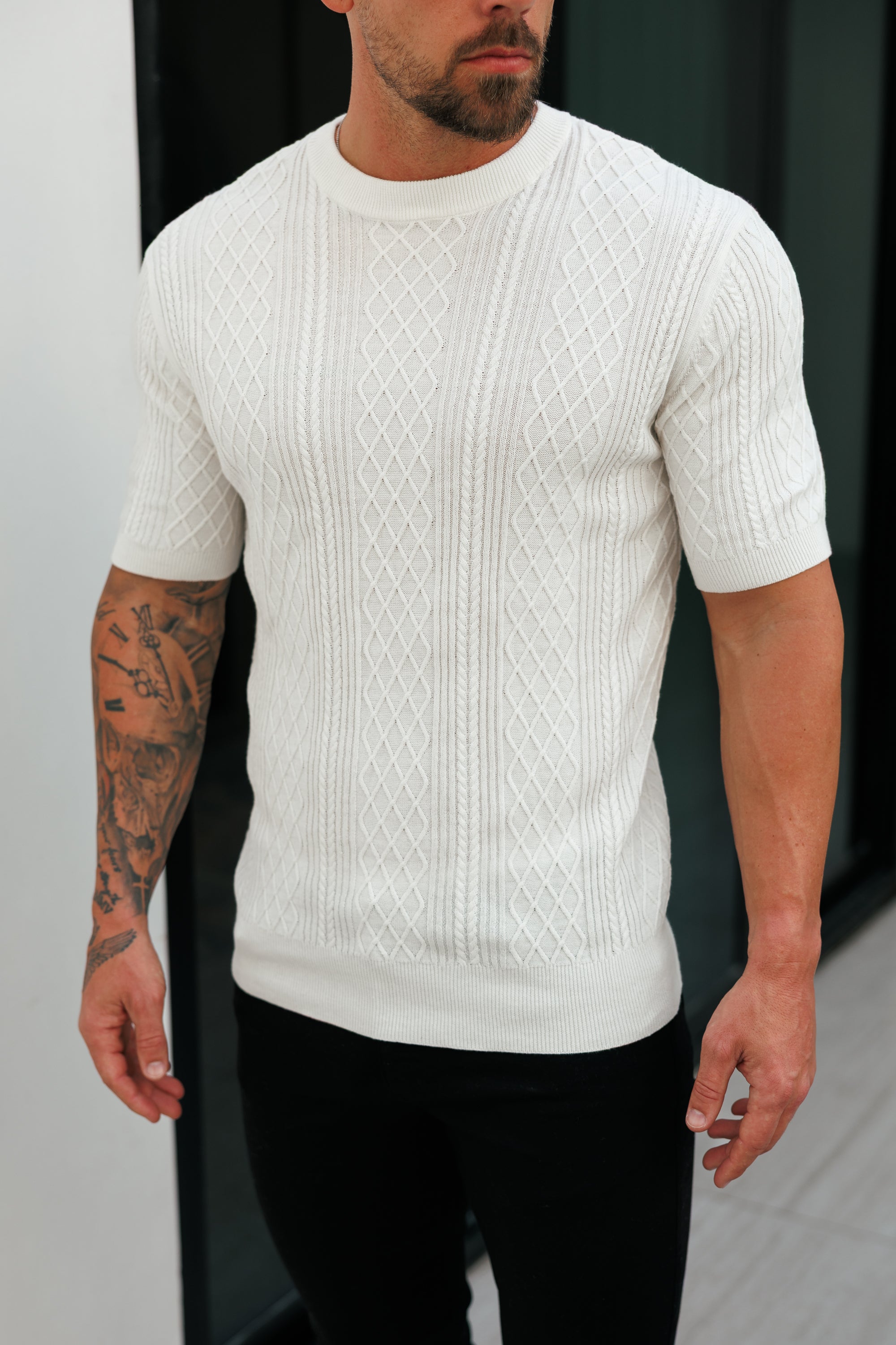 Feinstrickpullover mit Rautenmuster, cremeweiß, Kurzarm - FSA009
