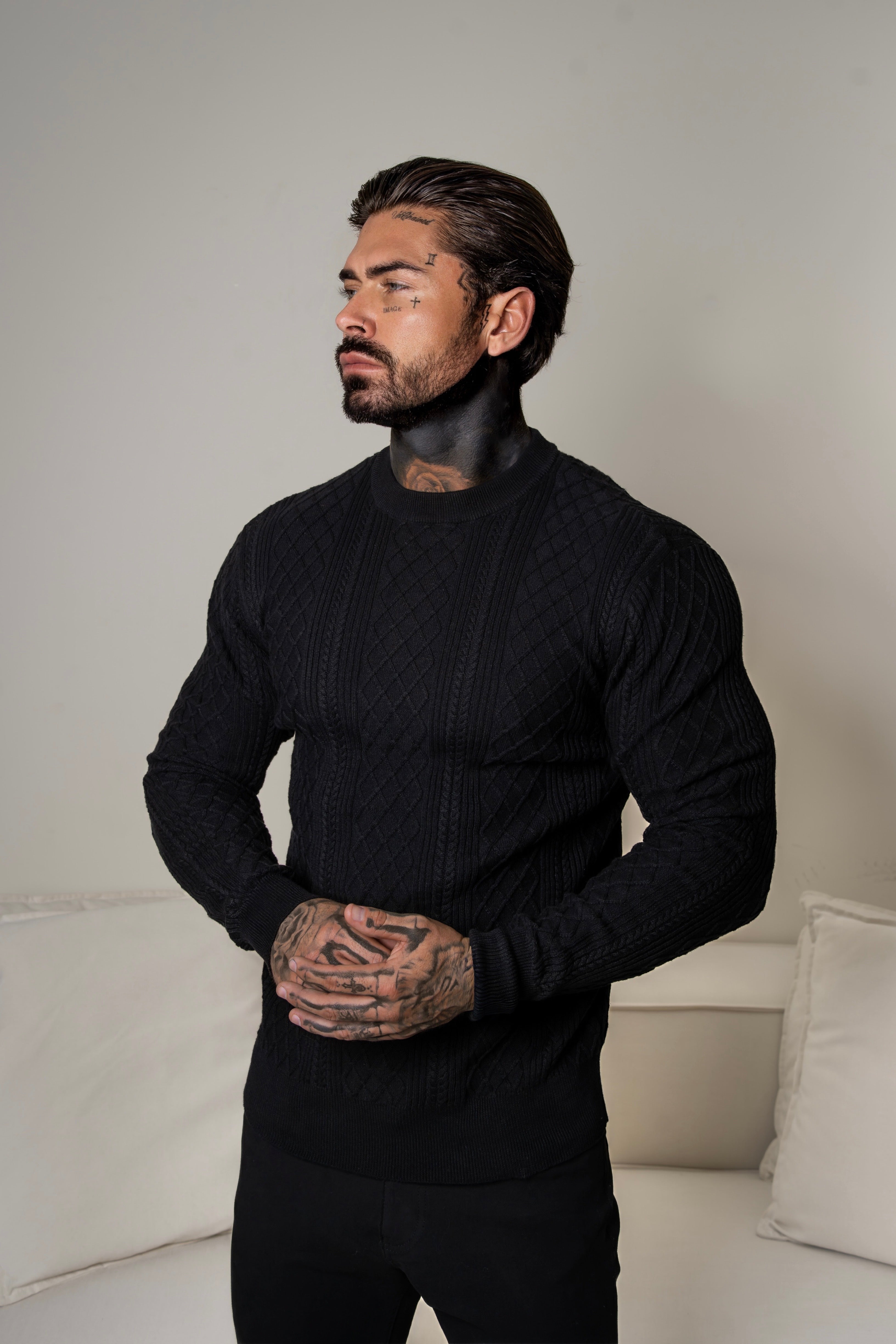 Feinstrickpullover mit Rautenmuster, schwarz, langärmlig - FSA006