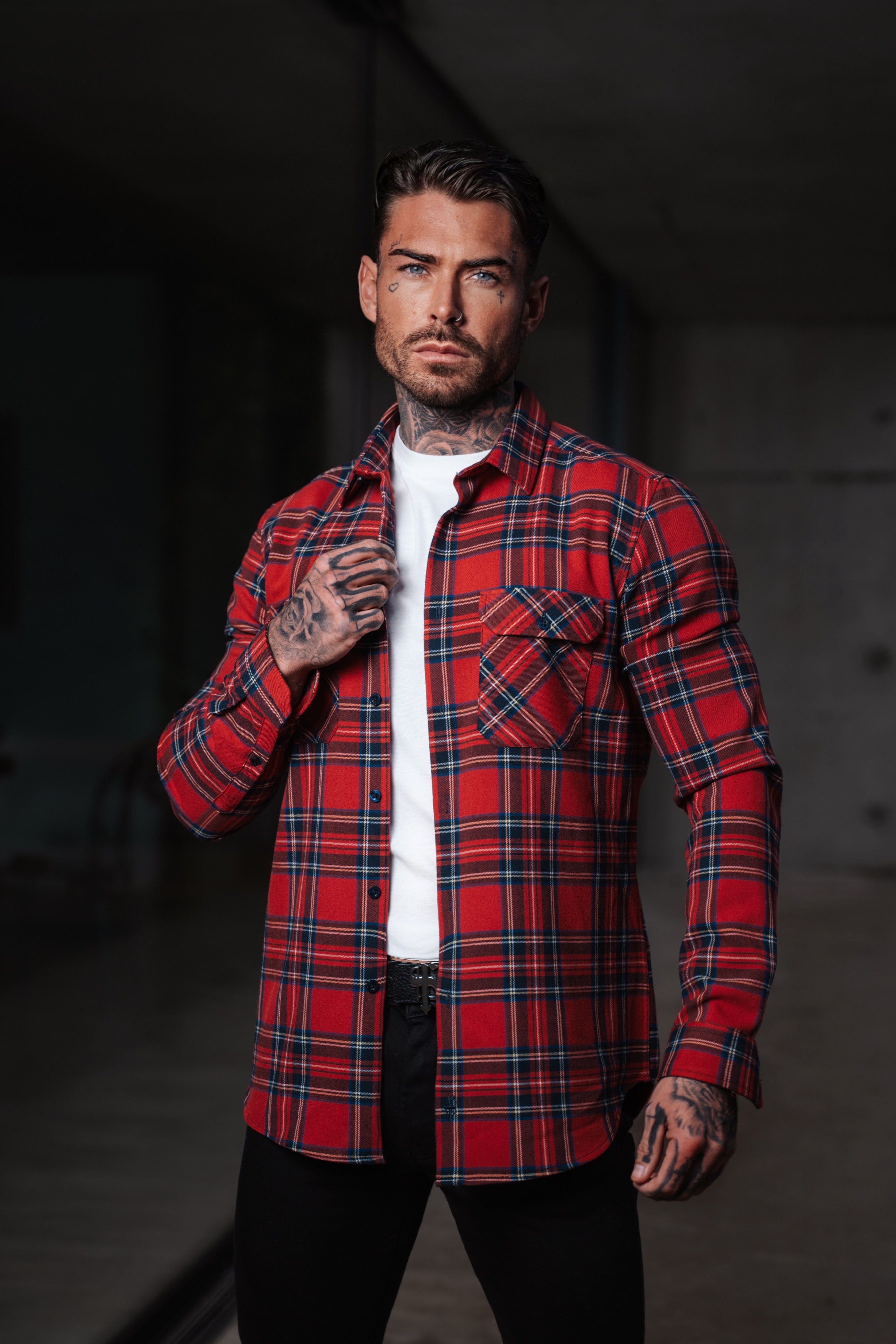 Rot-karierte Hemdjacke mit doppelten Taschen - FS1036