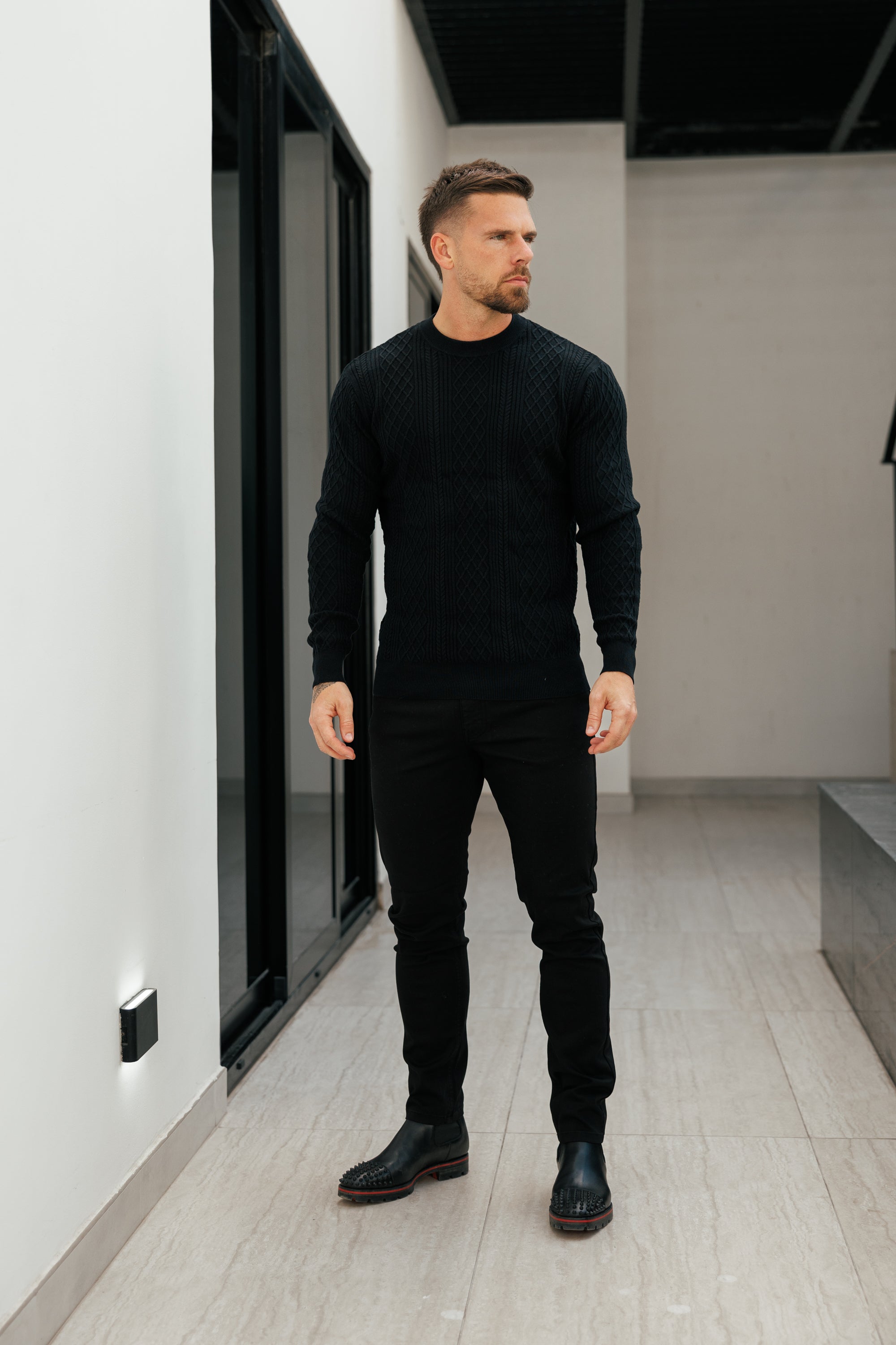 Feinstrickpullover mit Rautenmuster, schwarz, langärmlig - FSA006