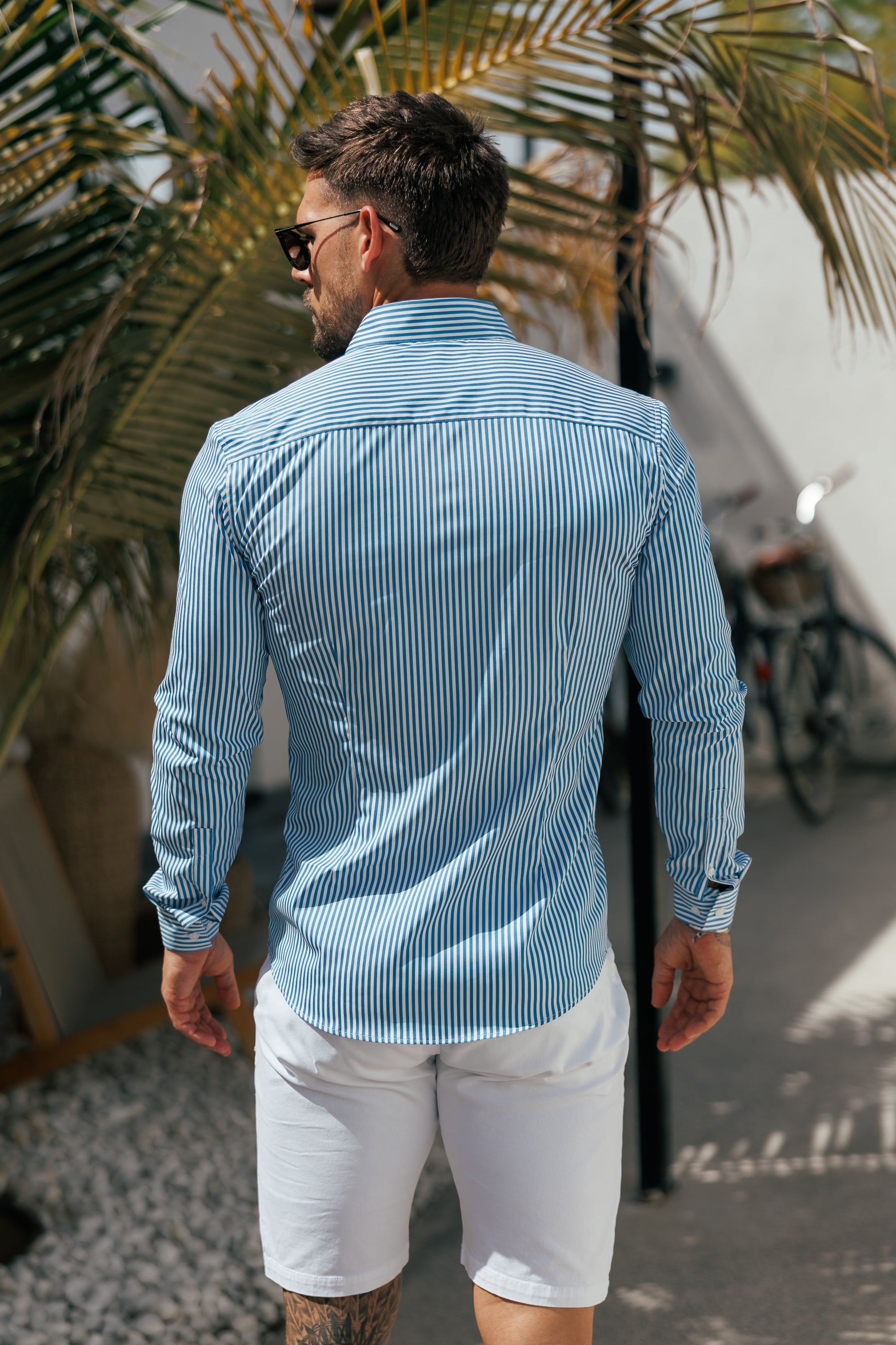 Super Slim Stretch Sateen Touch Weiß / Blau gestreift Langarm - FS1261 (VORBESTELLUNG 28. AUGUST)