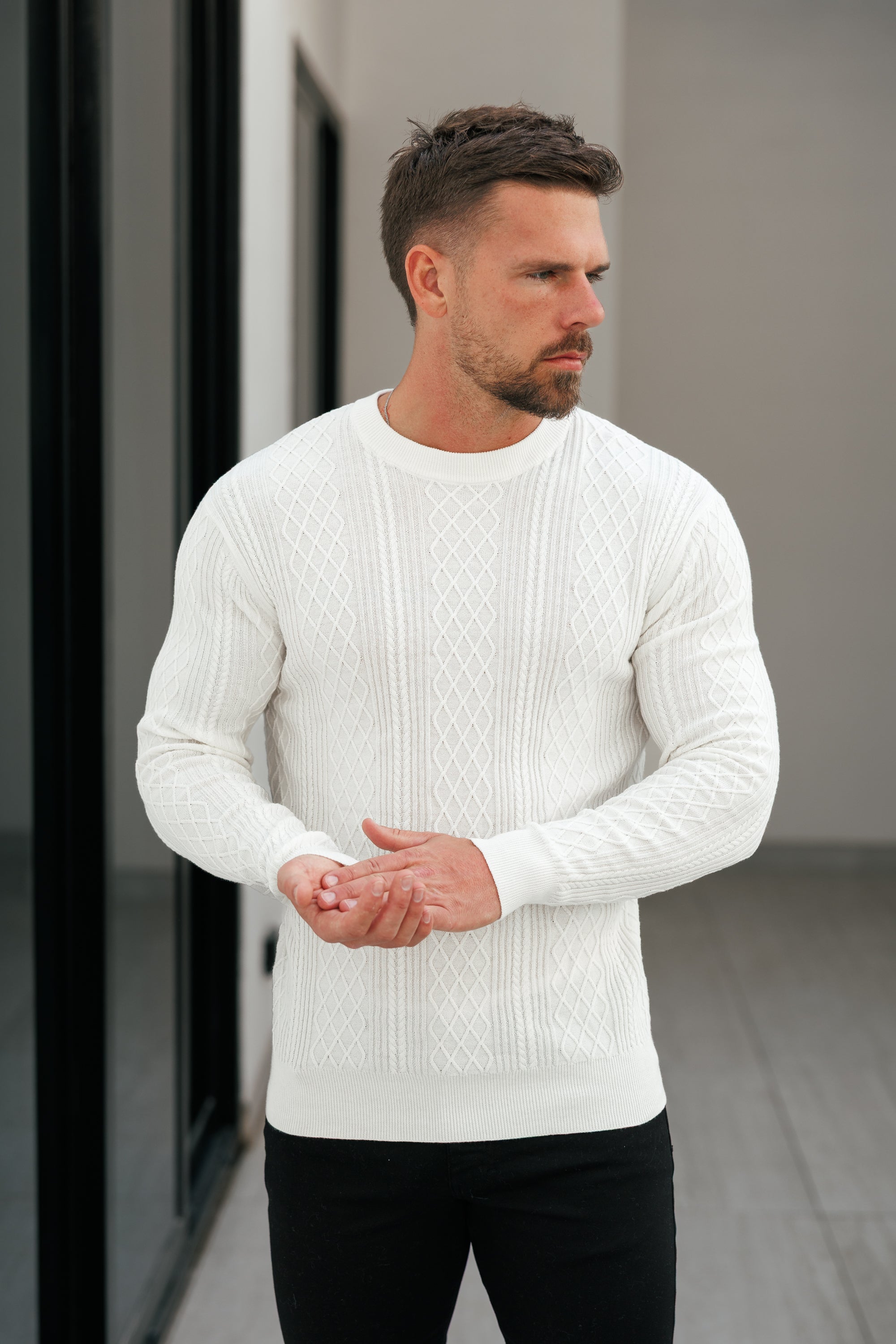 Feinstrickpullover mit Rautenmuster, cremeweiß, langärmlig - FSA005
