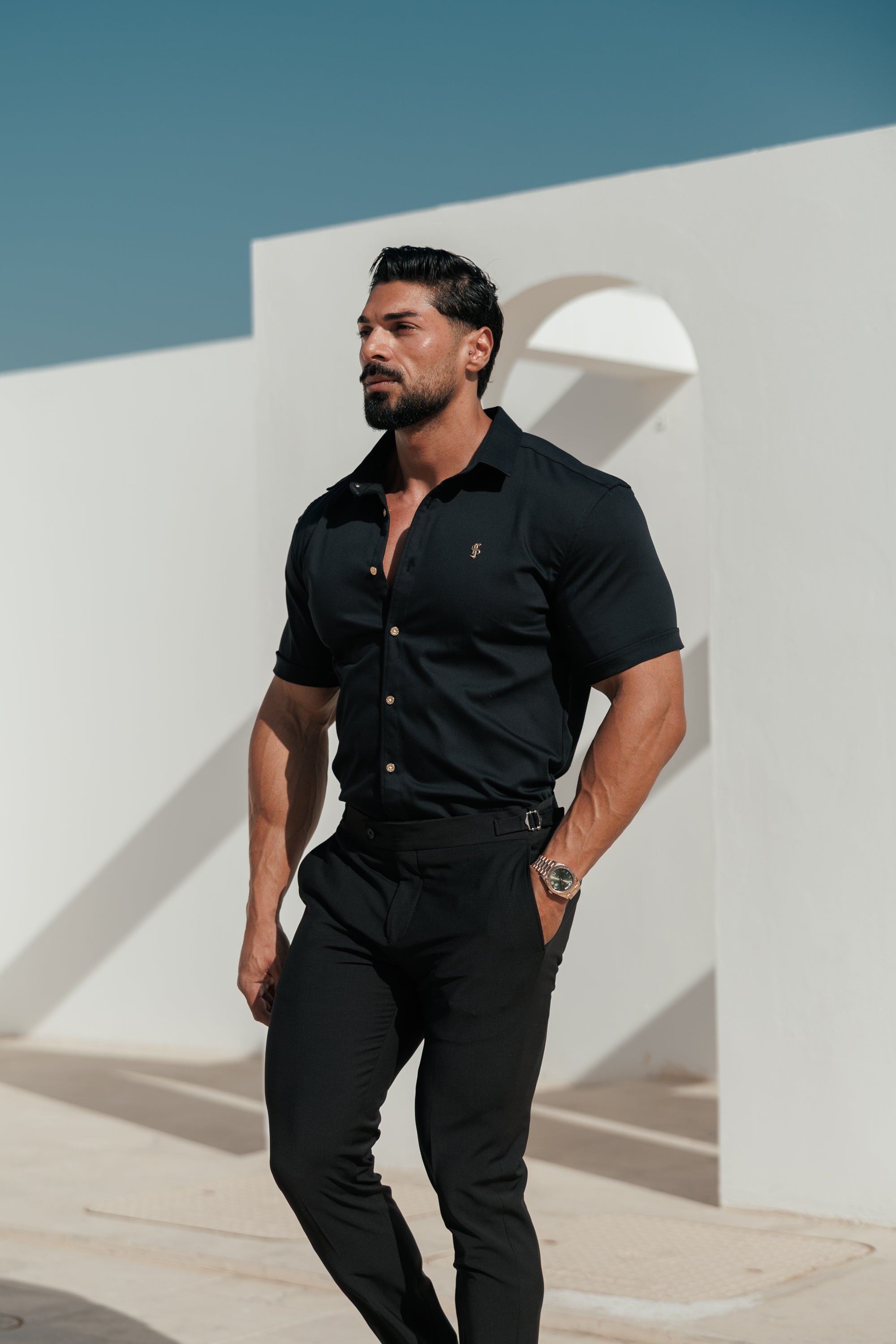 Super Slim Stretch Black Denim Short Sleeve with Gold Metal Decal and Buttons - FS1237