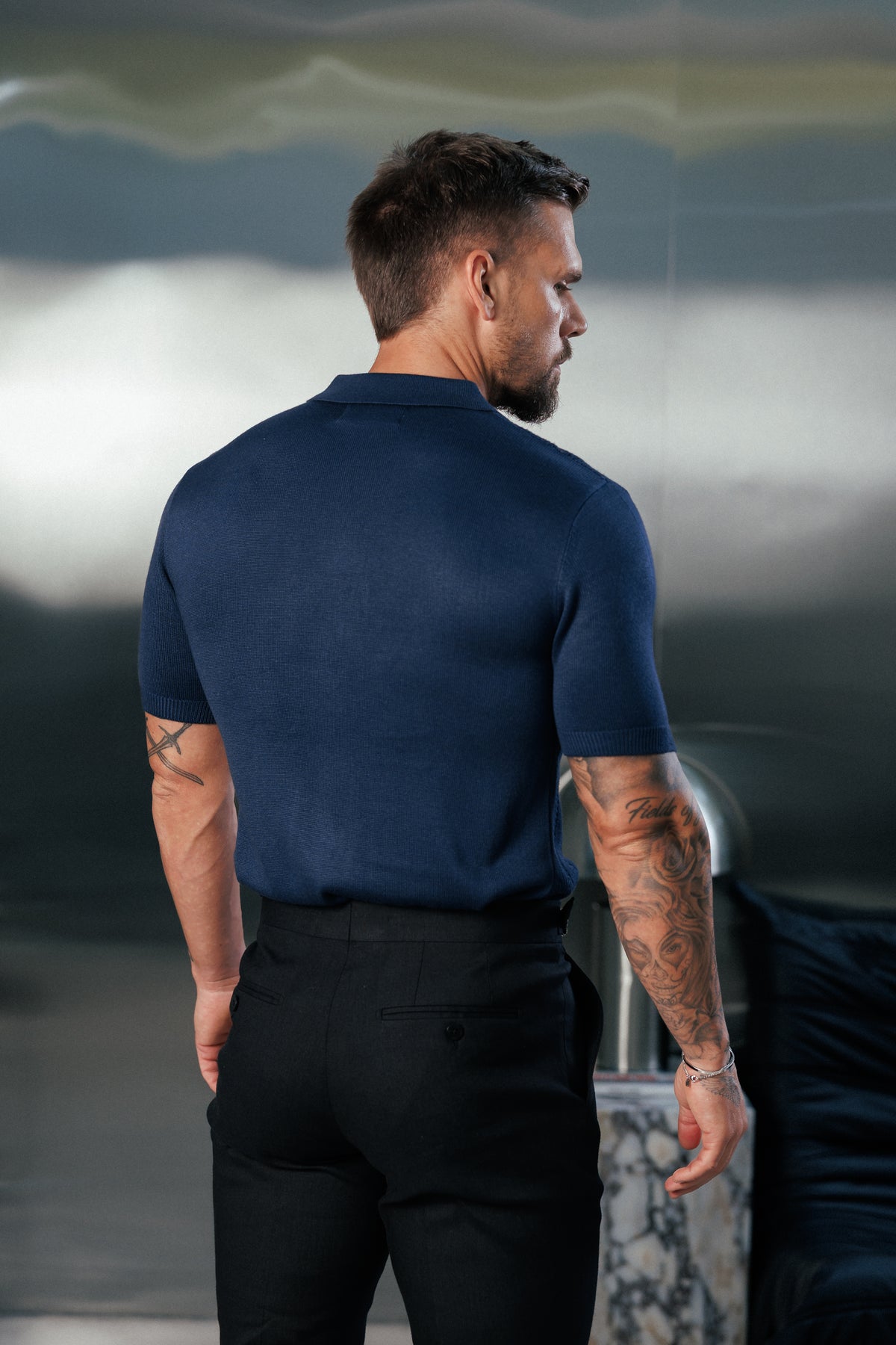 Navy gestreiftes perforiertes Kurzarmhemd – FSA020