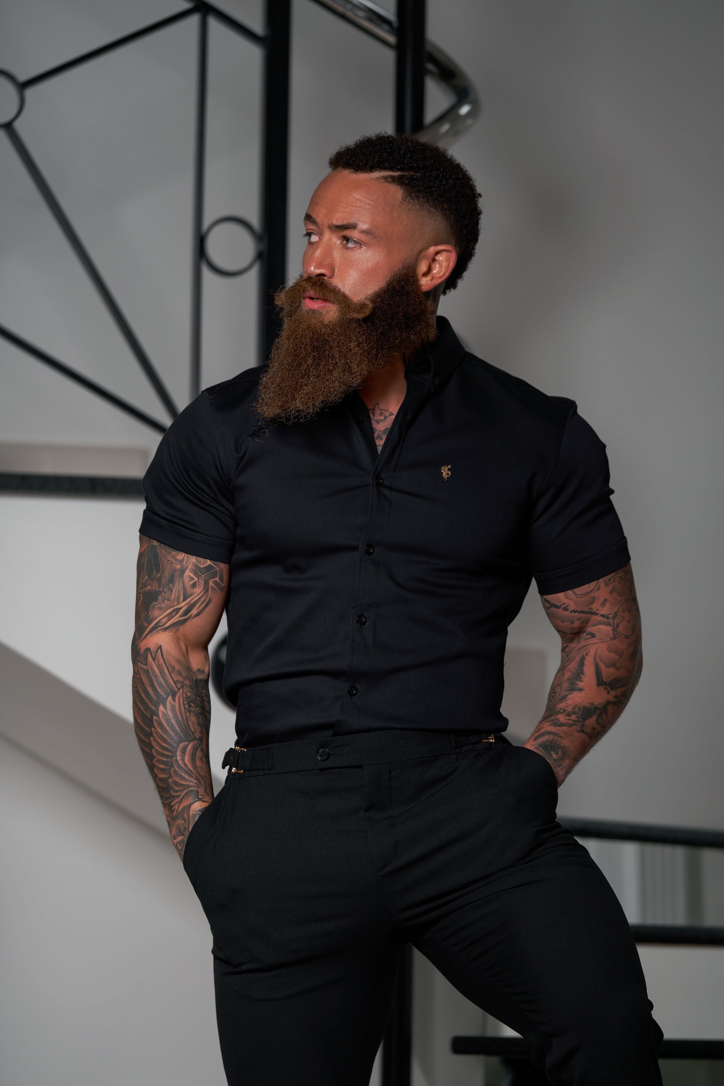 Slim Formal Black Stretch Trousers With Gold Waist Adjusters - FST018
