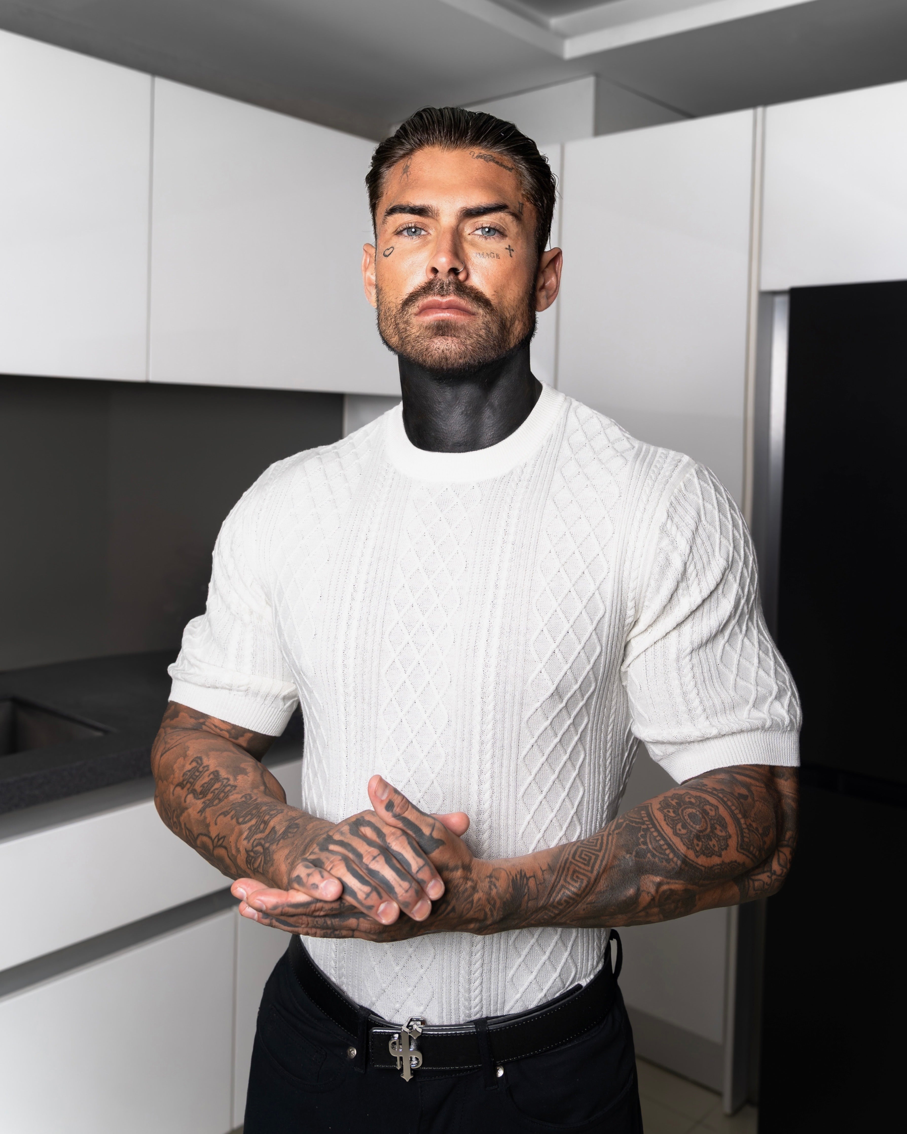 Feinstrickpullover mit Rautenmuster, cremeweiß, Kurzarm - FSA009