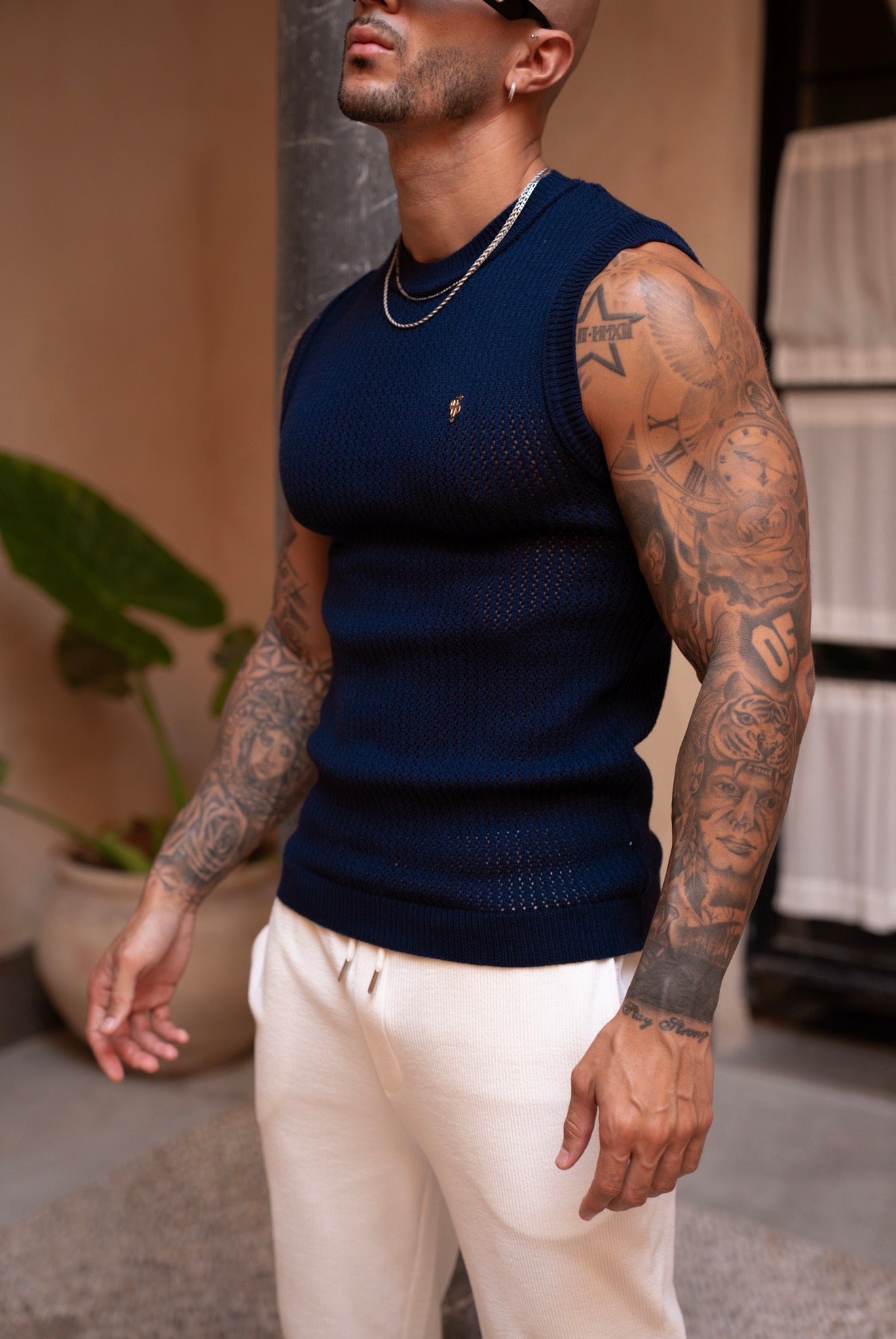 Navy / Gold Viscose Crochet Knitted Vest - FSJ168