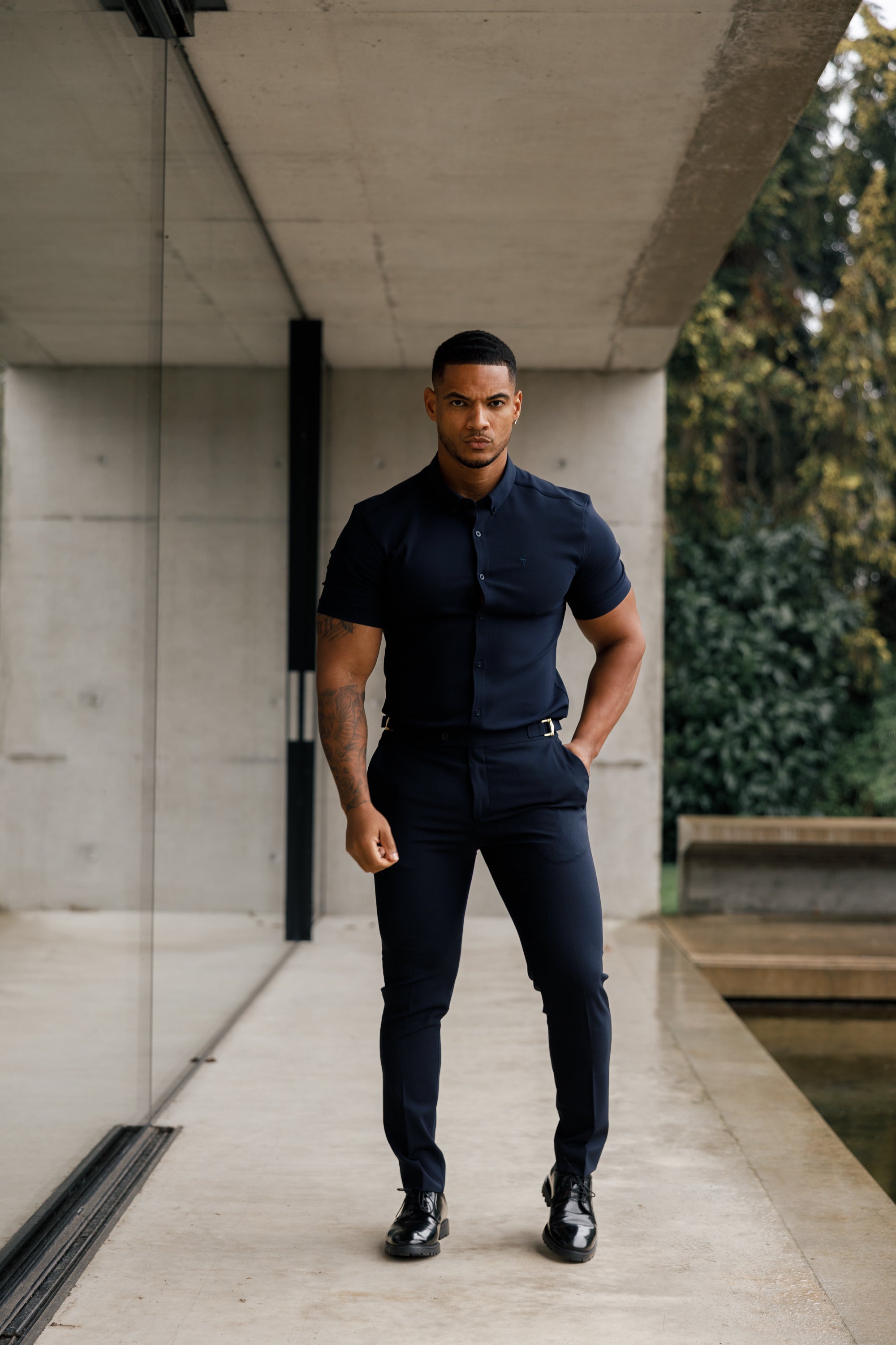 Slim Formal Navy Stretch Trousers With Gold Waist Adjusters - FST016