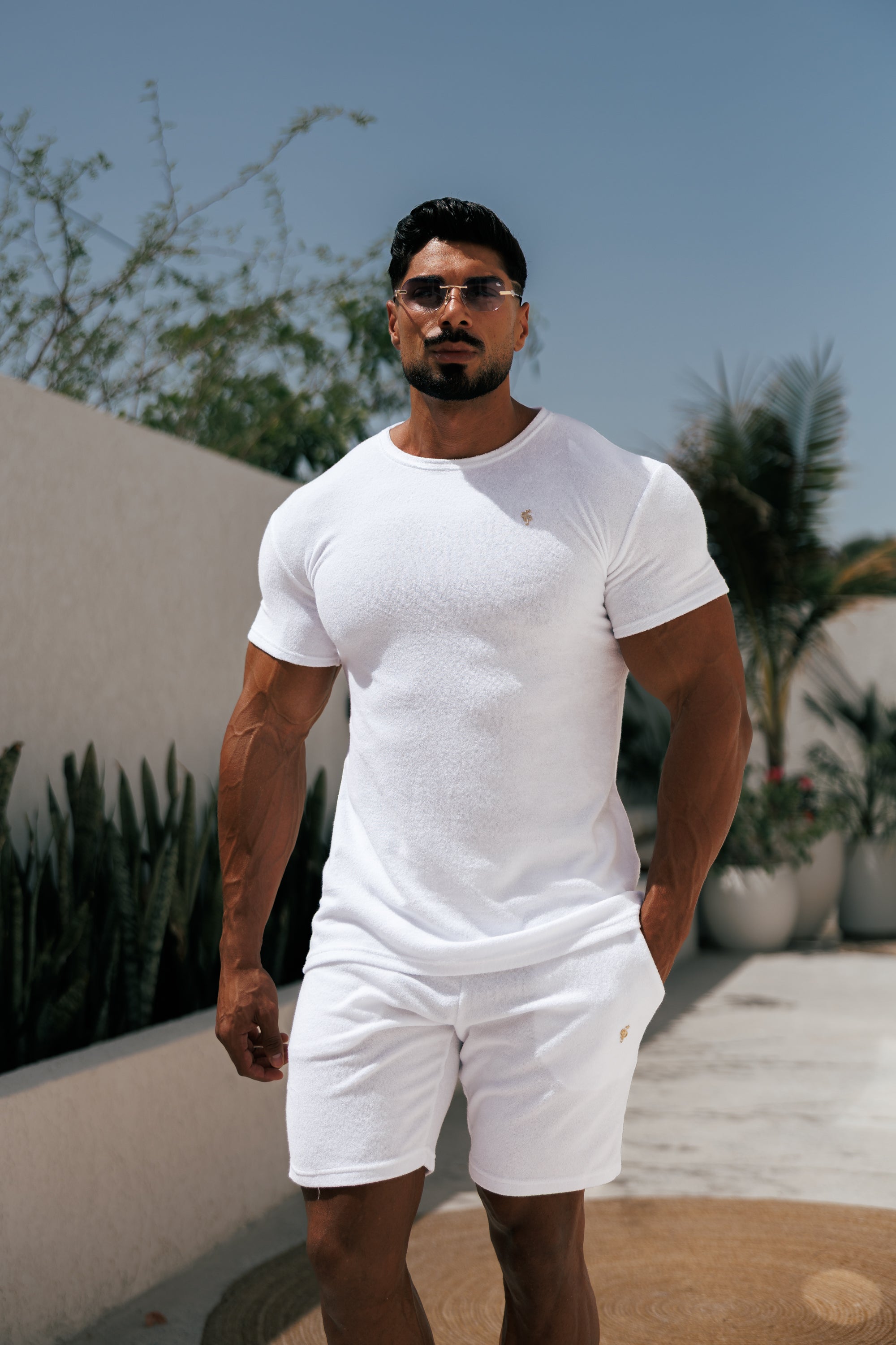 Weißes/goldenes Frottee-T-Shirt mit Rundhalsausschnitt - FSH1345