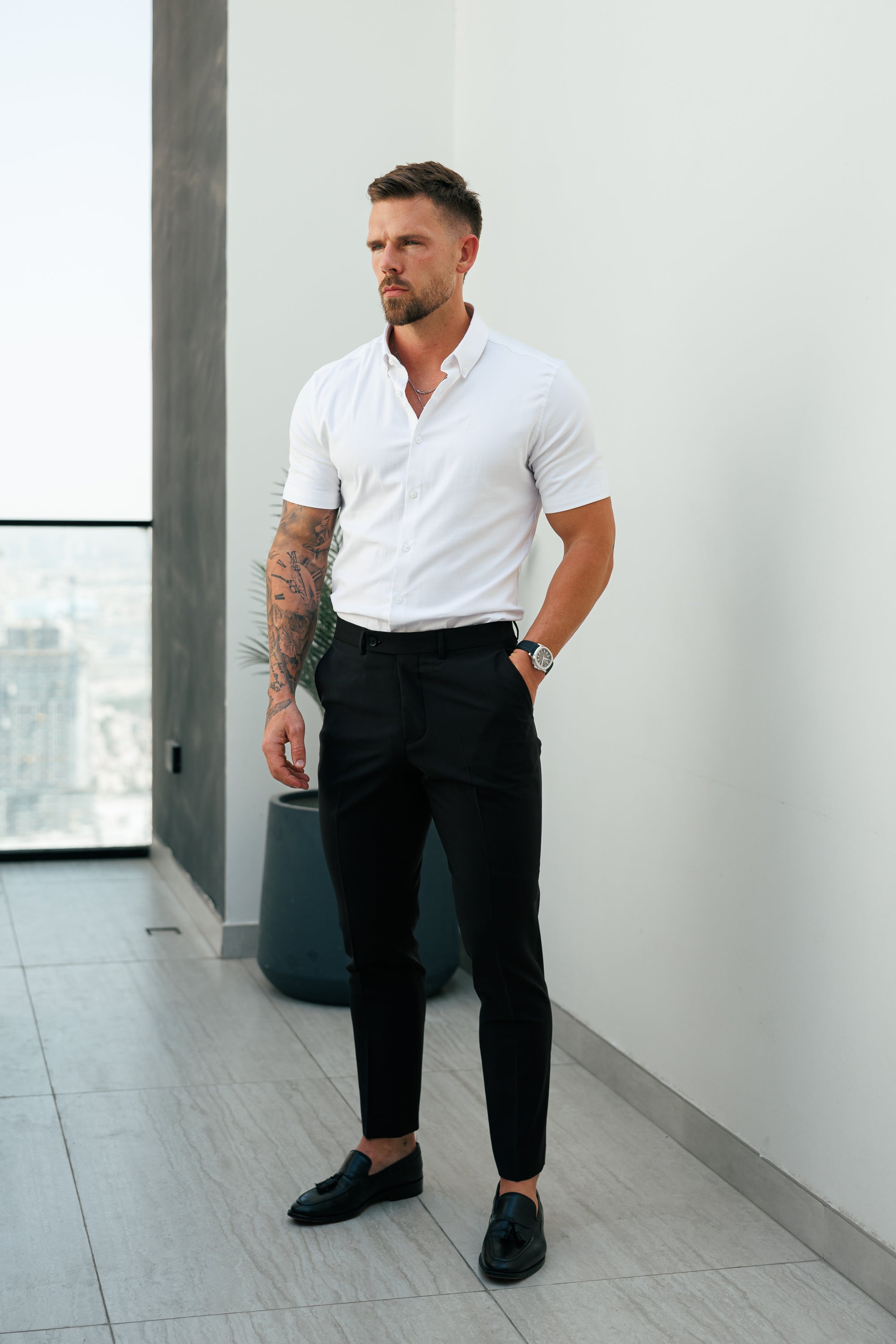 Klassisches Stretch-Oxford-Kurzarmshirt, Weiß - FS1015