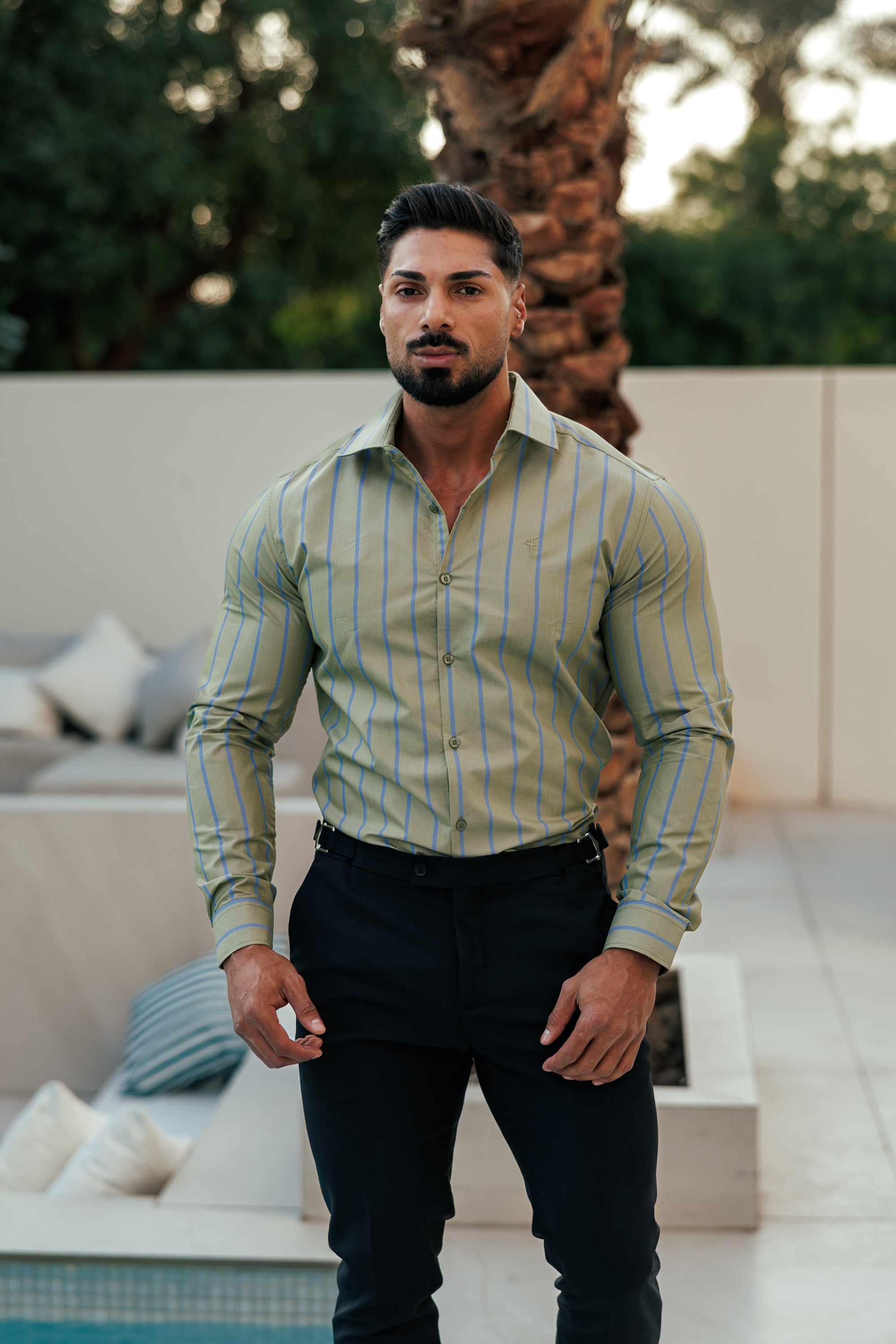 Klassisches grün/blau gestreiftes Langarmshirt mit Cutaway-Kragen - FS1179