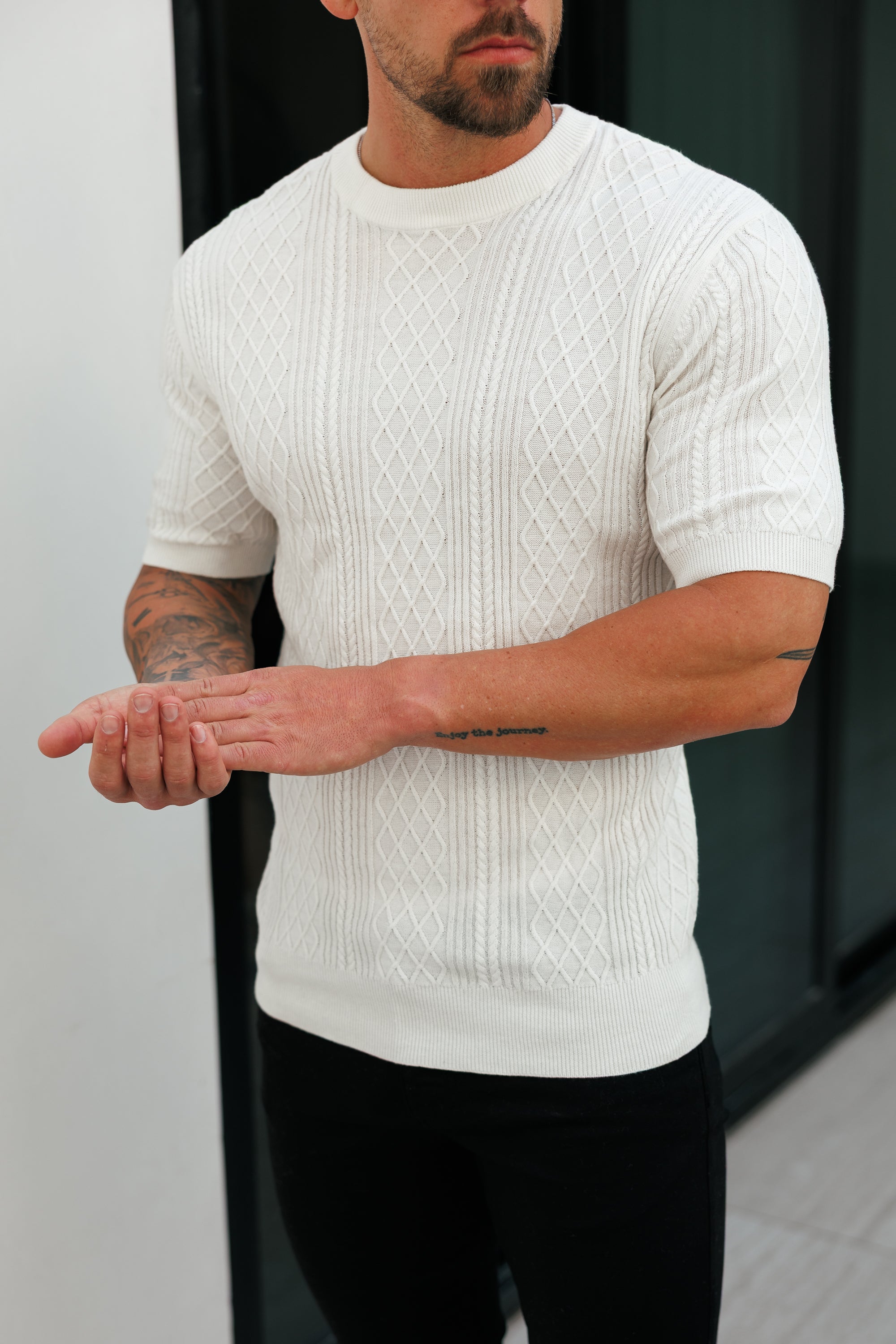 Feinstrickpullover mit Rautenmuster, cremeweiß, Kurzarm - FSA009