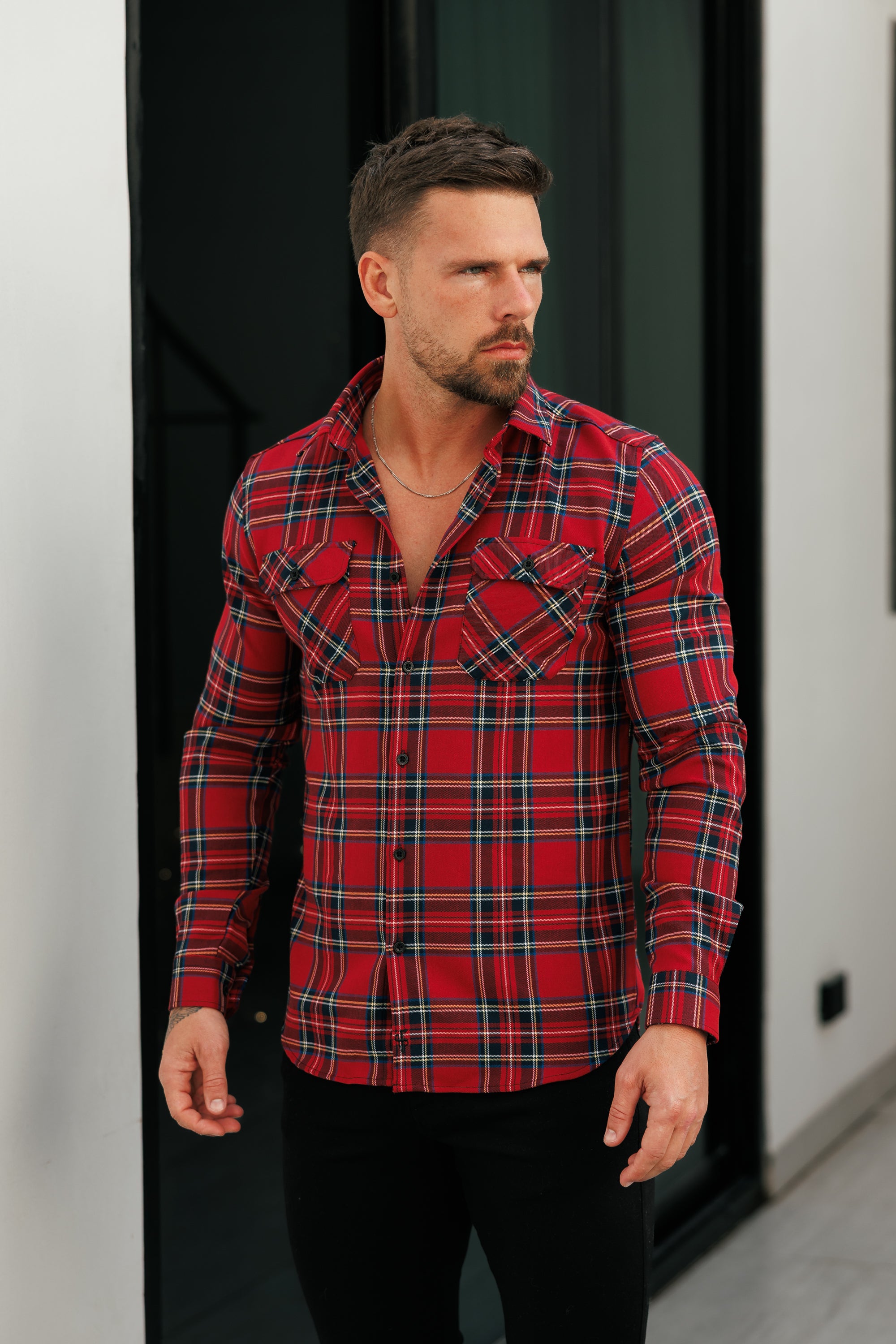 Rot-karierte Hemdjacke mit doppelten Taschen - FS1036