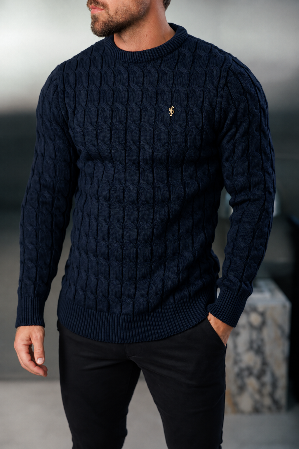 Grober Zopfstrickpullover in Marineblau - FSA057
