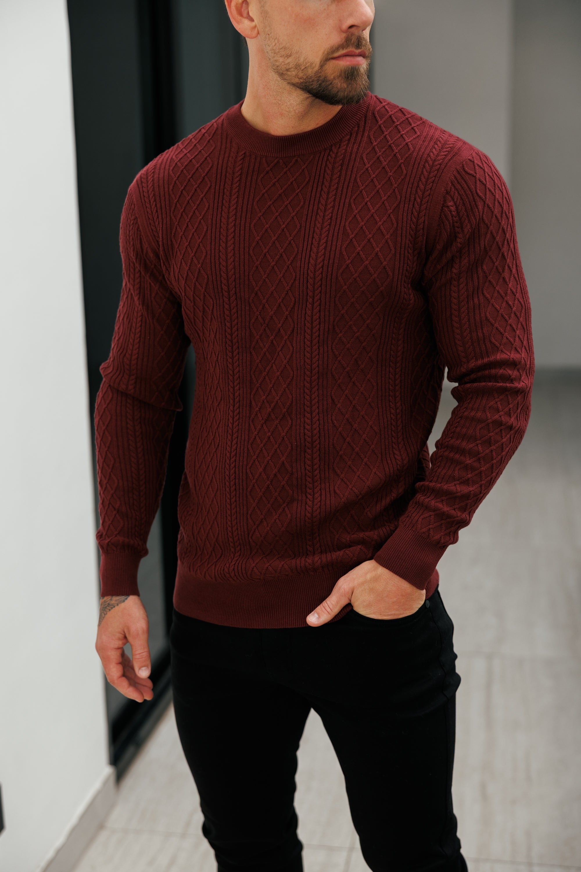 Feinstrickpullover mit Rautenmuster, burgunderrot, langärmlig - FSA008