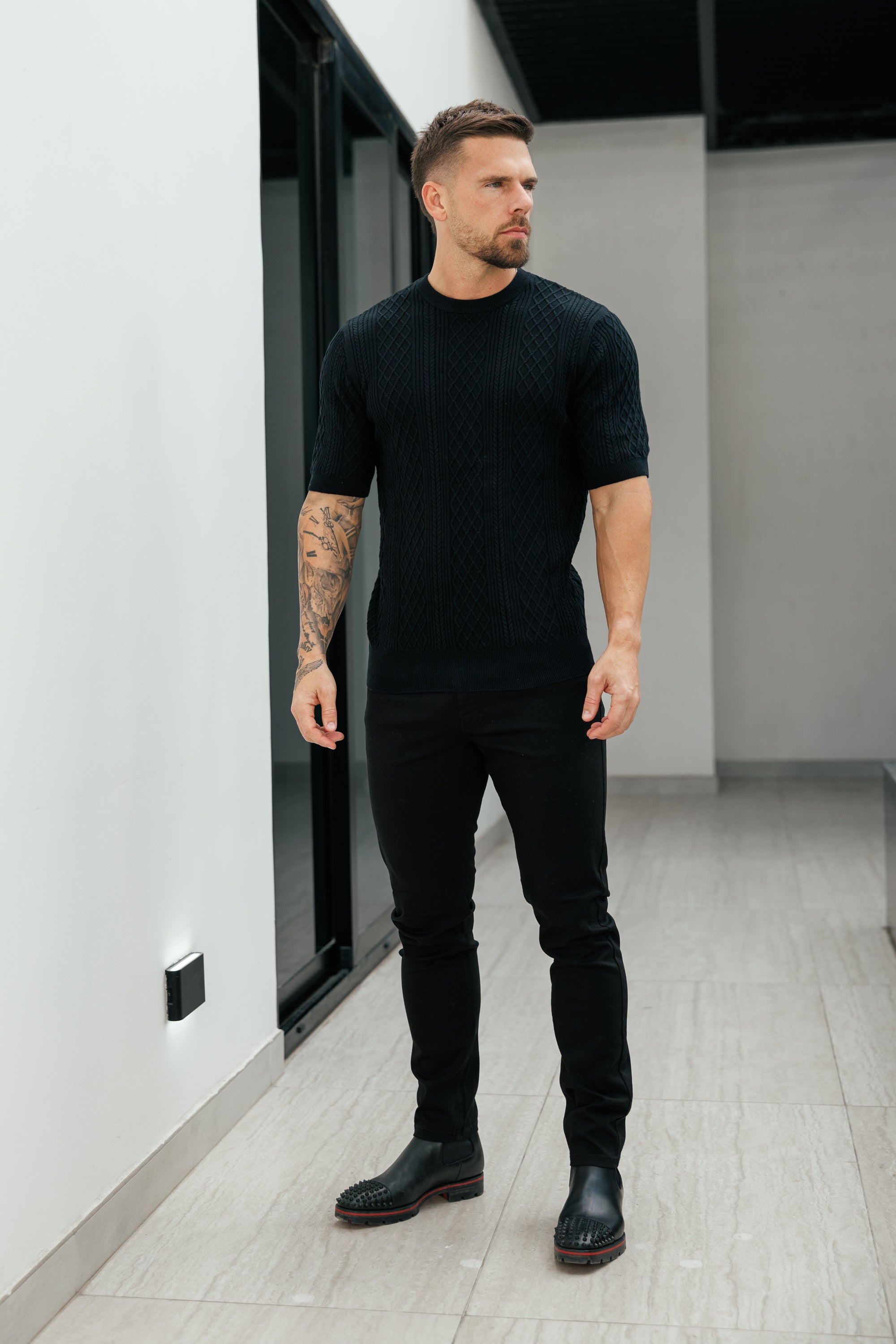 Feinstrickpullover mit Rautenmuster, schwarz, Kurzarm - FSA010