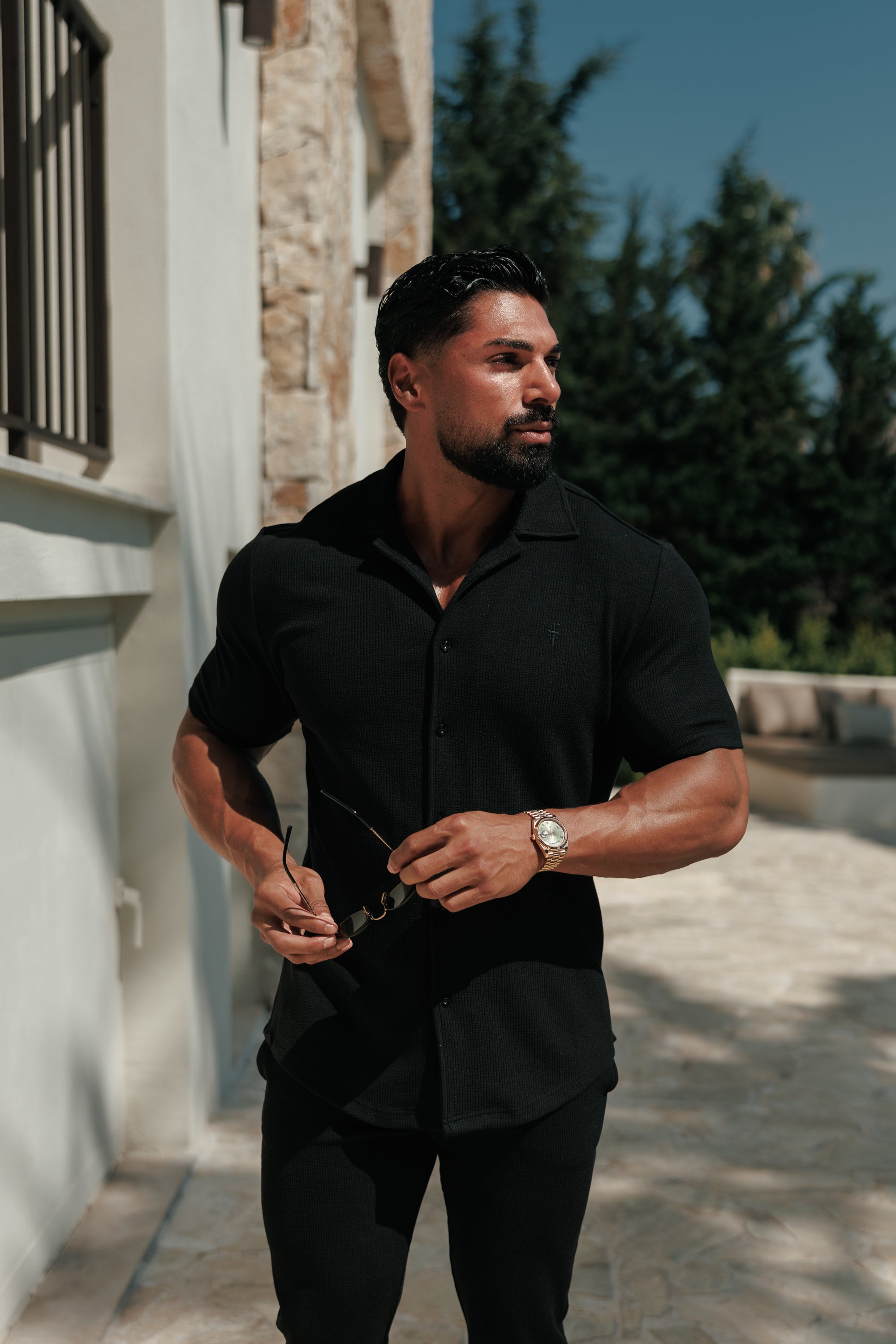 Jersey Cord Stretch Black Revere Shirt Short Sleeve - FSR070 (VORBESTELLUNG 30. JUNI)