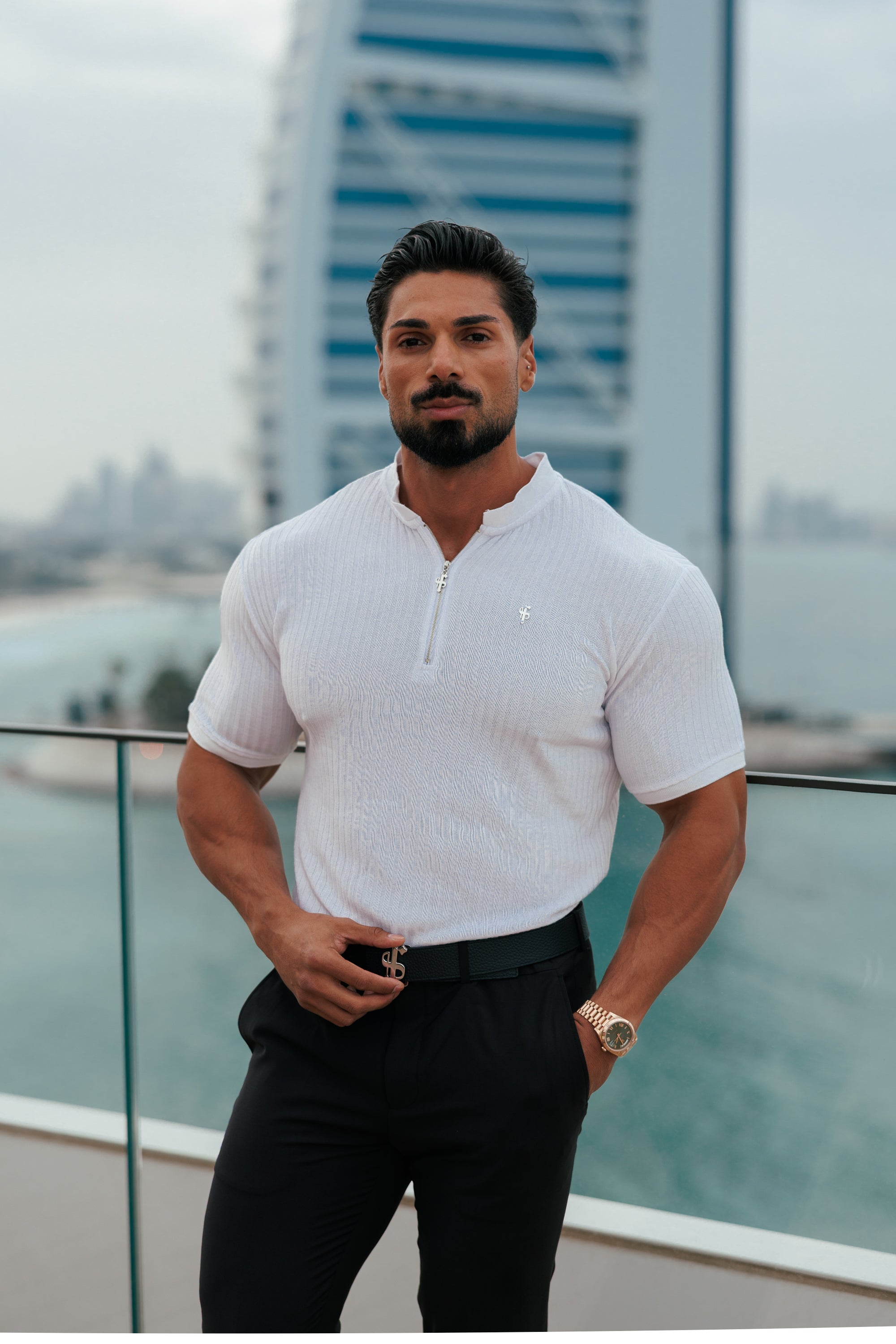 Classic White / Silver  Ribbed Zip Grandad Collar Shirt Short Sleeve - FSH1447