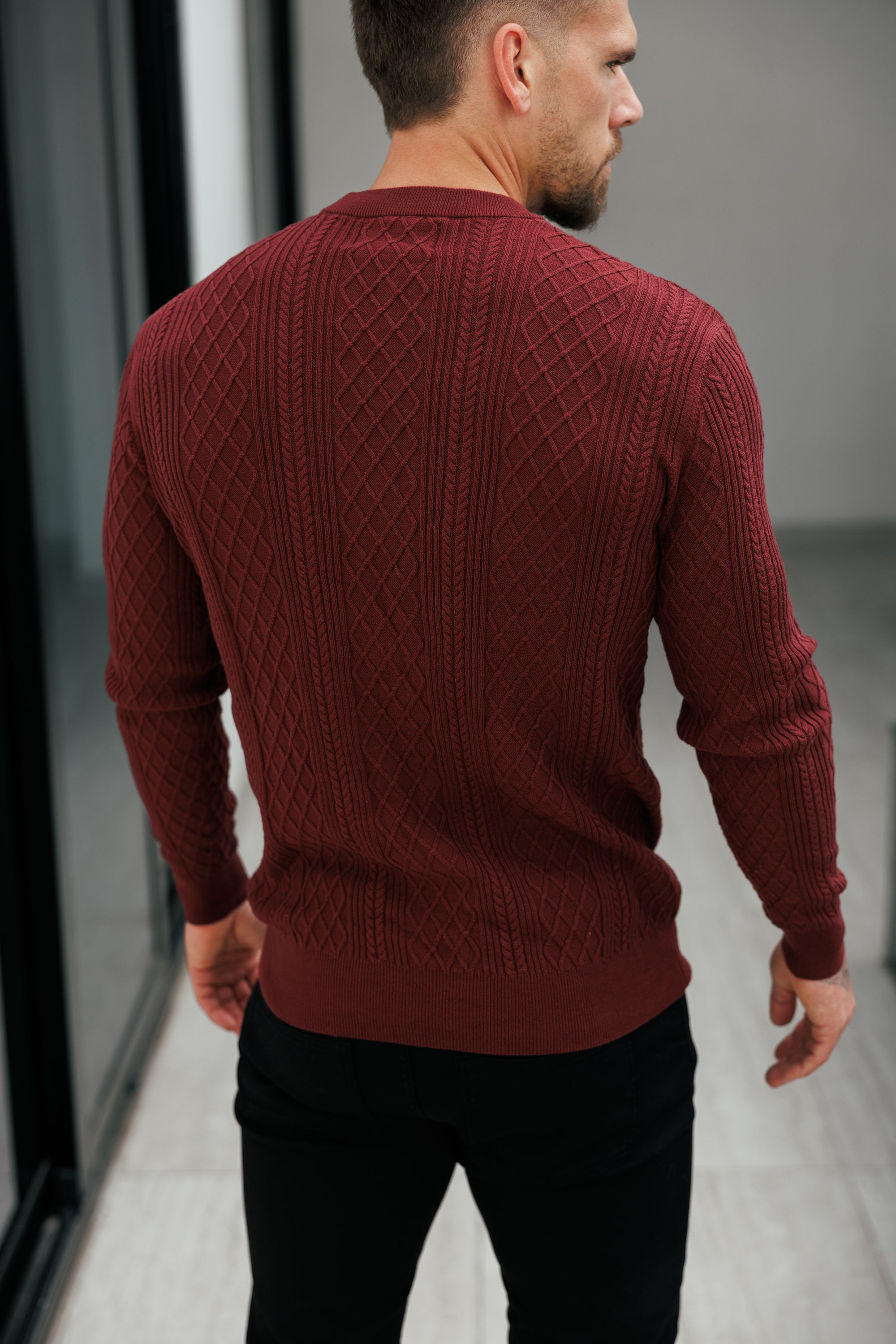 Feinstrickpullover mit Rautenmuster, burgunderrot, langärmlig - FSA008