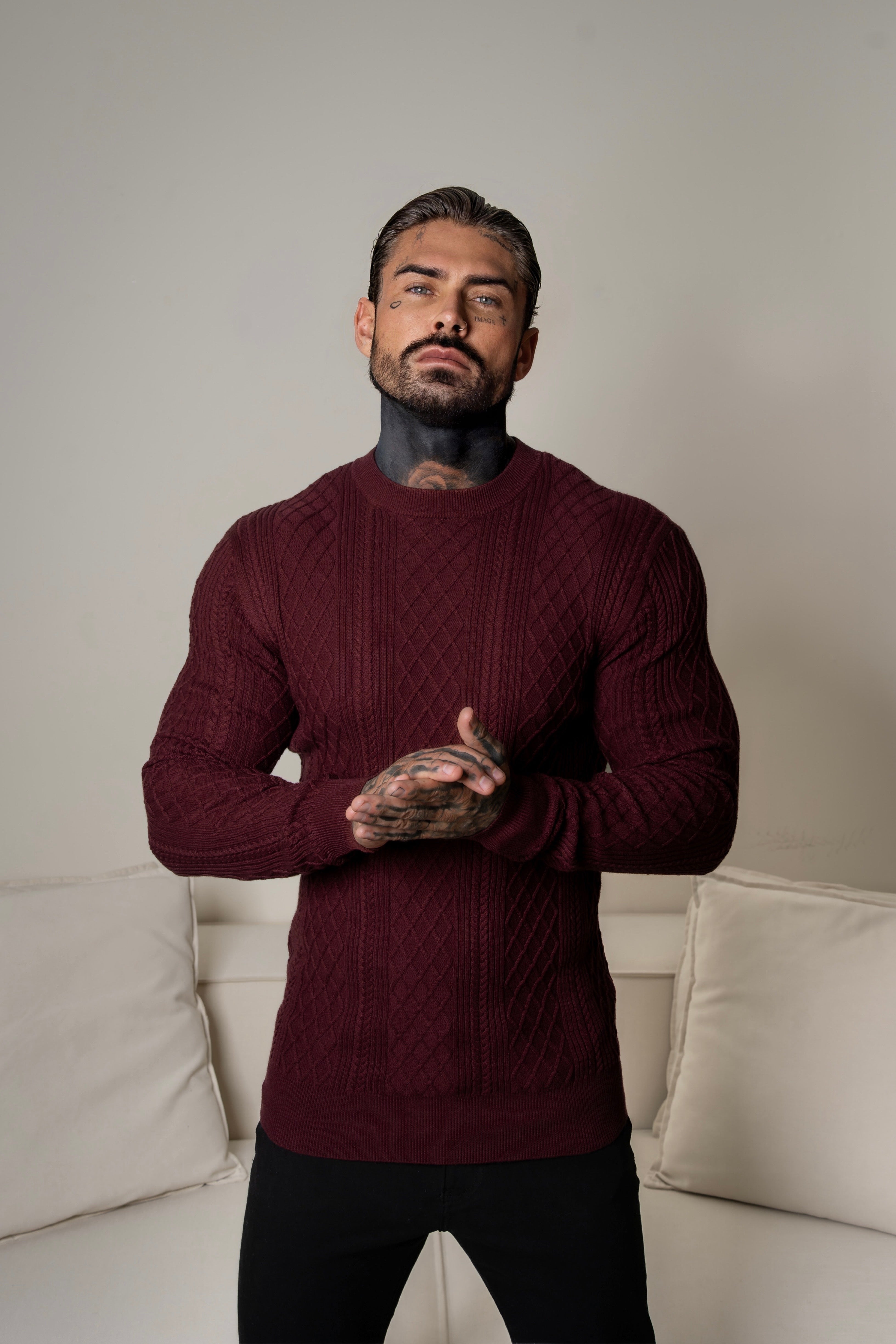 Feinstrickpullover mit Rautenmuster, burgunderrot, langärmlig - FSA008