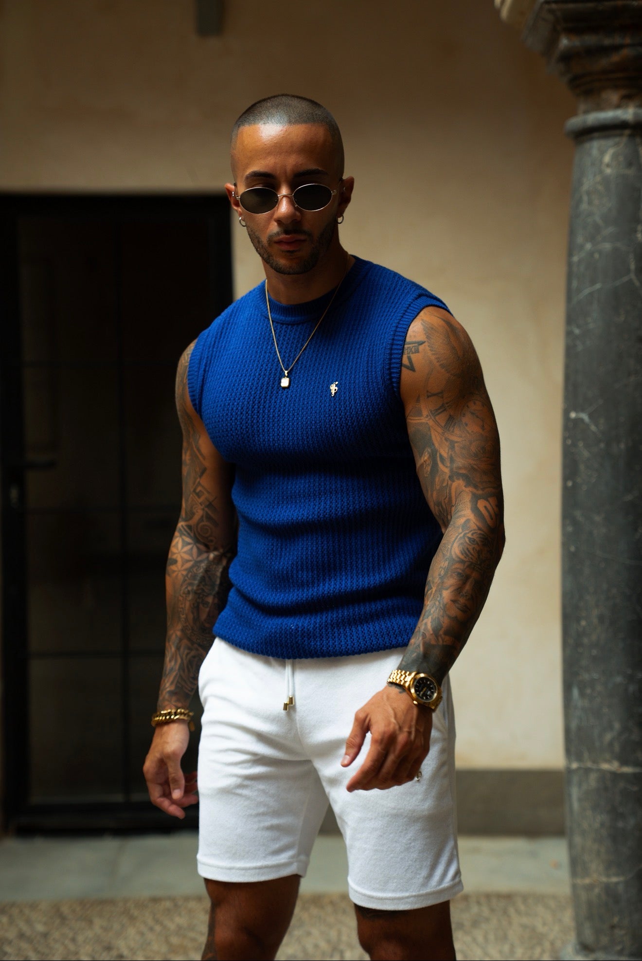 Royal Blue / Gold Viscose Crochet Knitted Vest - FSJ191