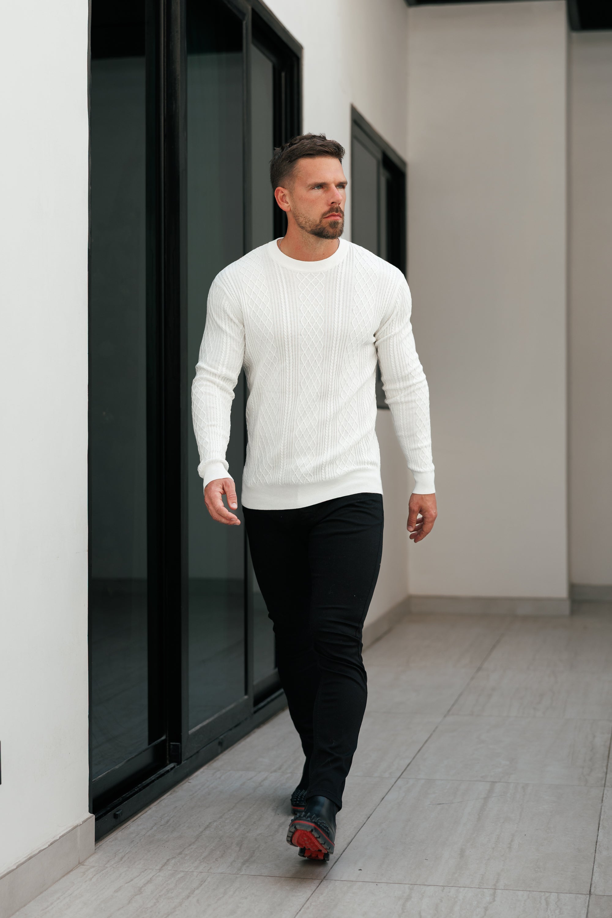 Feinstrickpullover mit Rautenmuster, cremeweiß, langärmlig - FSA005