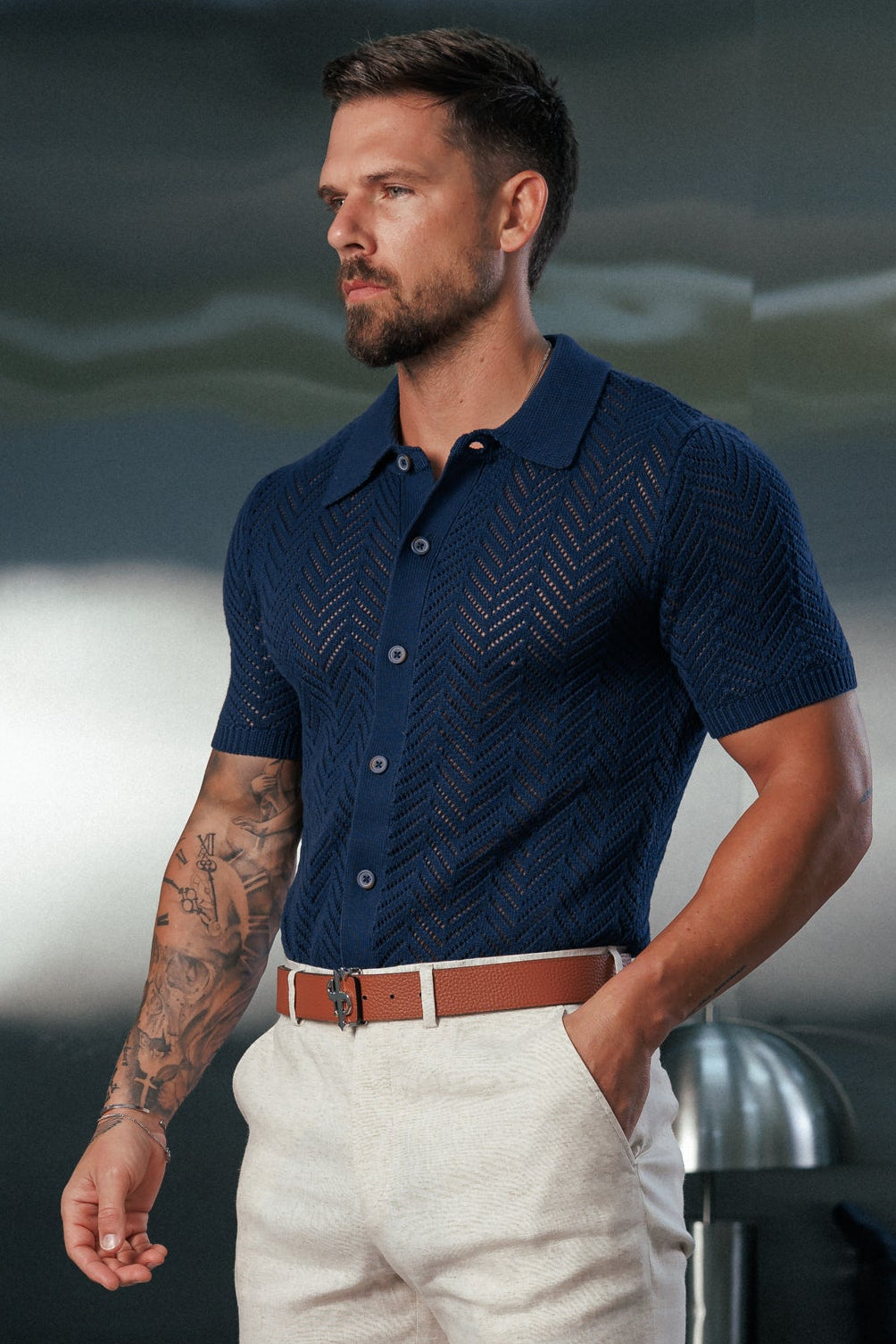 Black Chevron Perforated Shirt Short Sleeve - FSA013