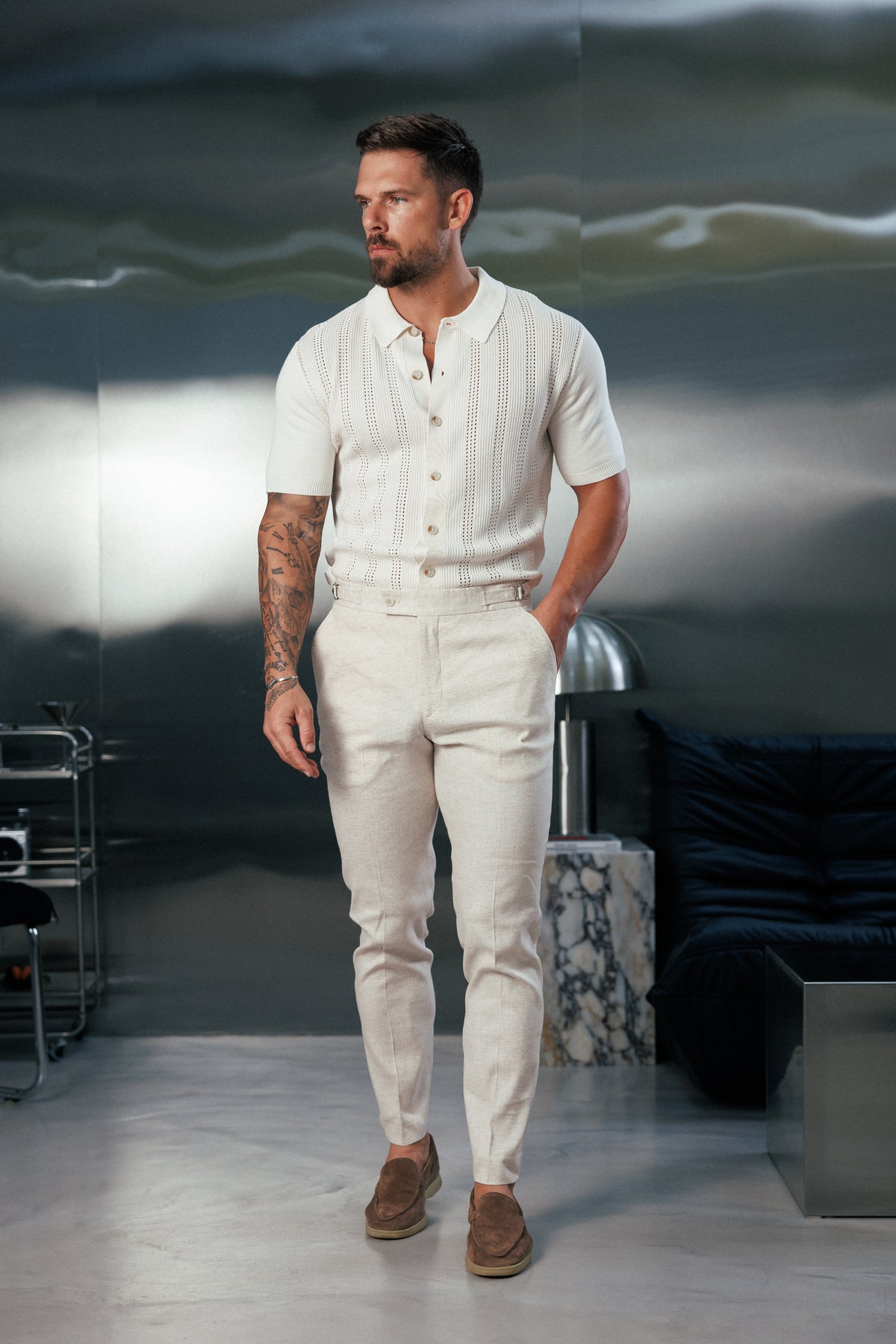 Slim Formal Cream Linen Trousers With Side Adjusters - FST020